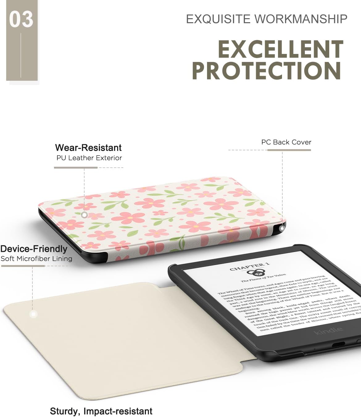 ESTUCHE MOKO PARA AMAZON KINDLE BASIC 6' 11ª GEN 2024/2022 FLORES Y HOJAS - 4