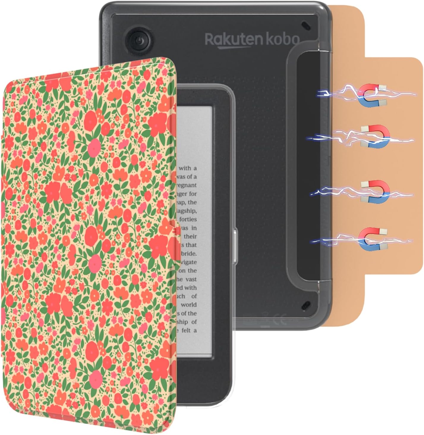 ESTUCHE E NET-CASE PARA KOBO CLARA COLOUR 6' (2024) CON TAPA MAGNÉTICA DESMONTABLE DISEÑO FLOR NARANJA - 1