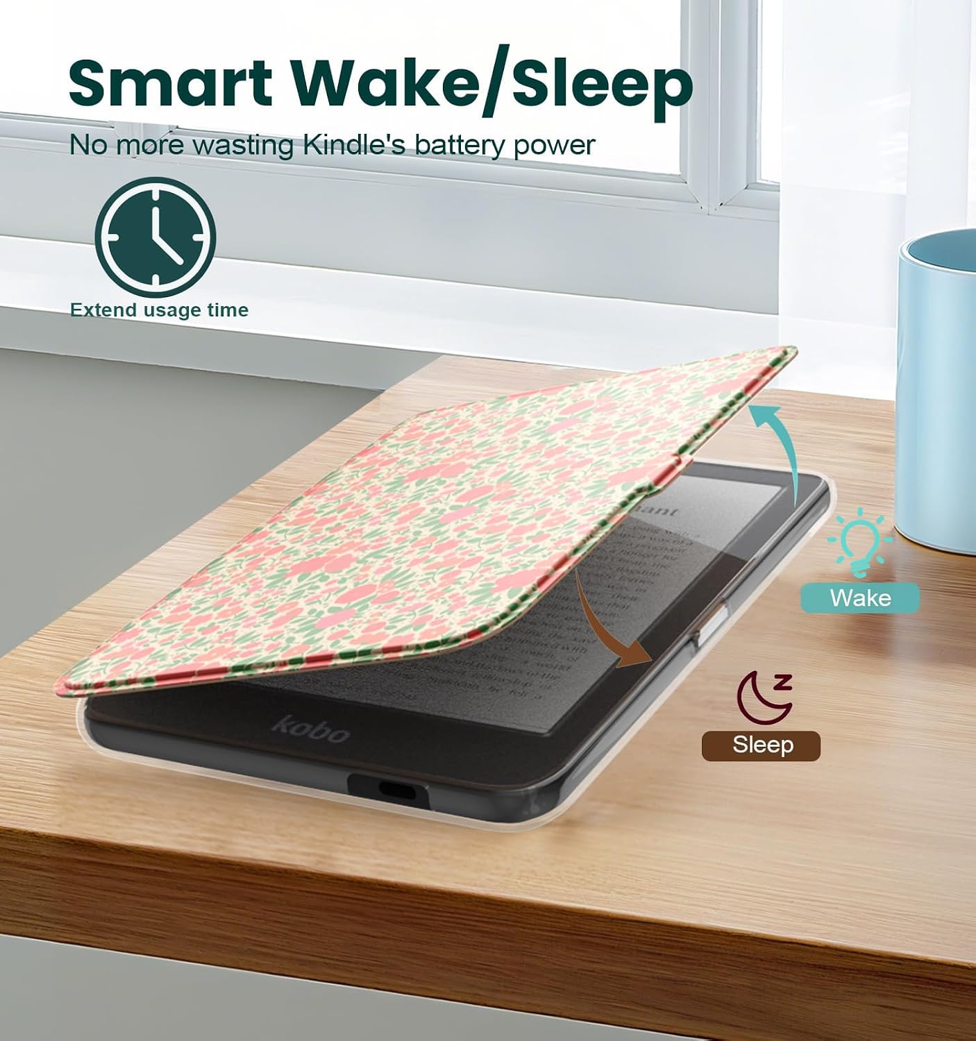 ESTUCHE E NET-CASE PARA KOBO CLARA COLOUR 6' (2024) CON TAPA MAGNÉTICA DESMONTABLE DISEÑO FLOR NARANJA - 4