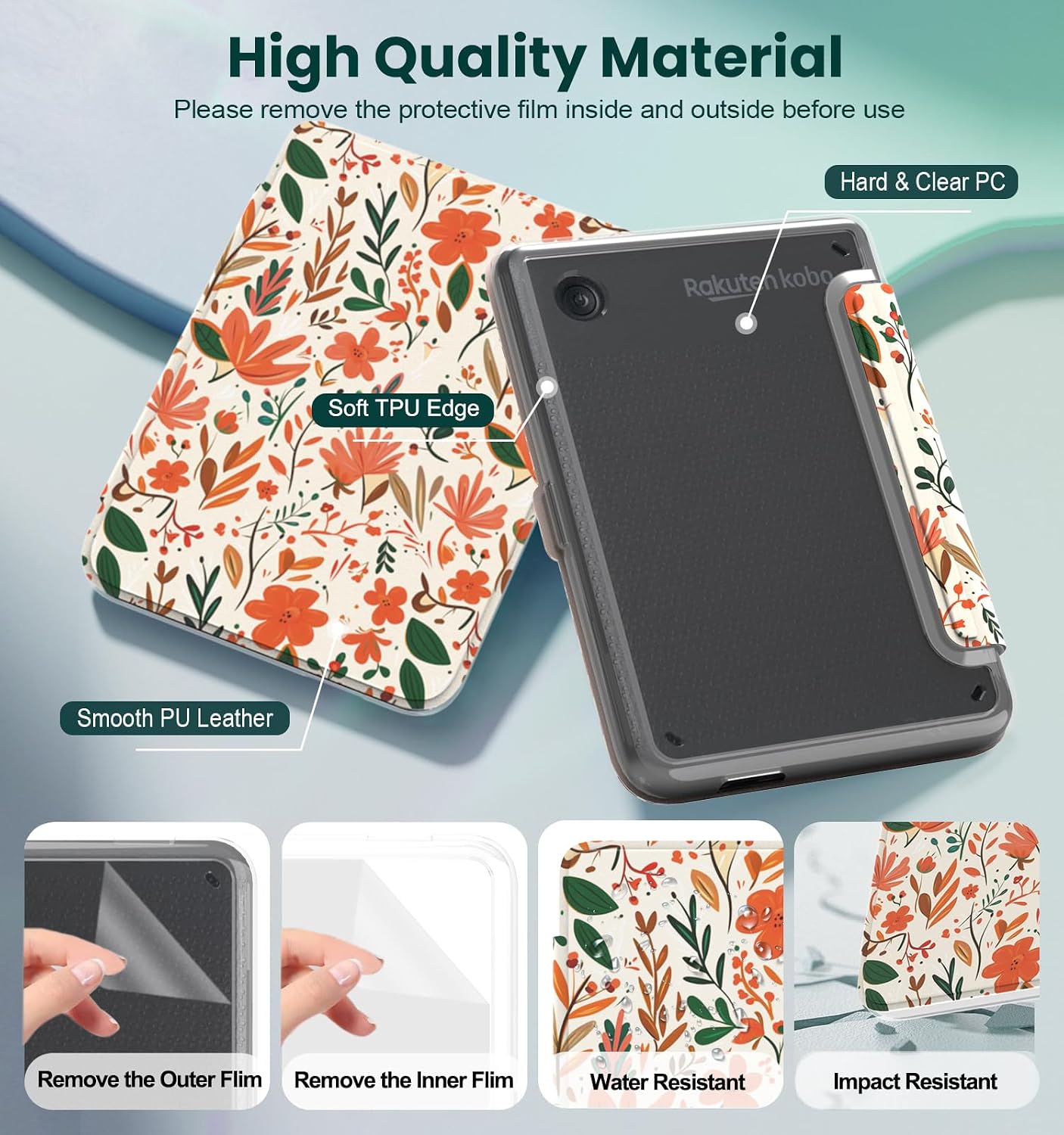 ESTUCHE E NET-CASE PARA KOBO CLARA COLOUR 6' (2024) CON TAPA MAGNÉTICA DESMONTABLE FLORES DE VERANO - 4