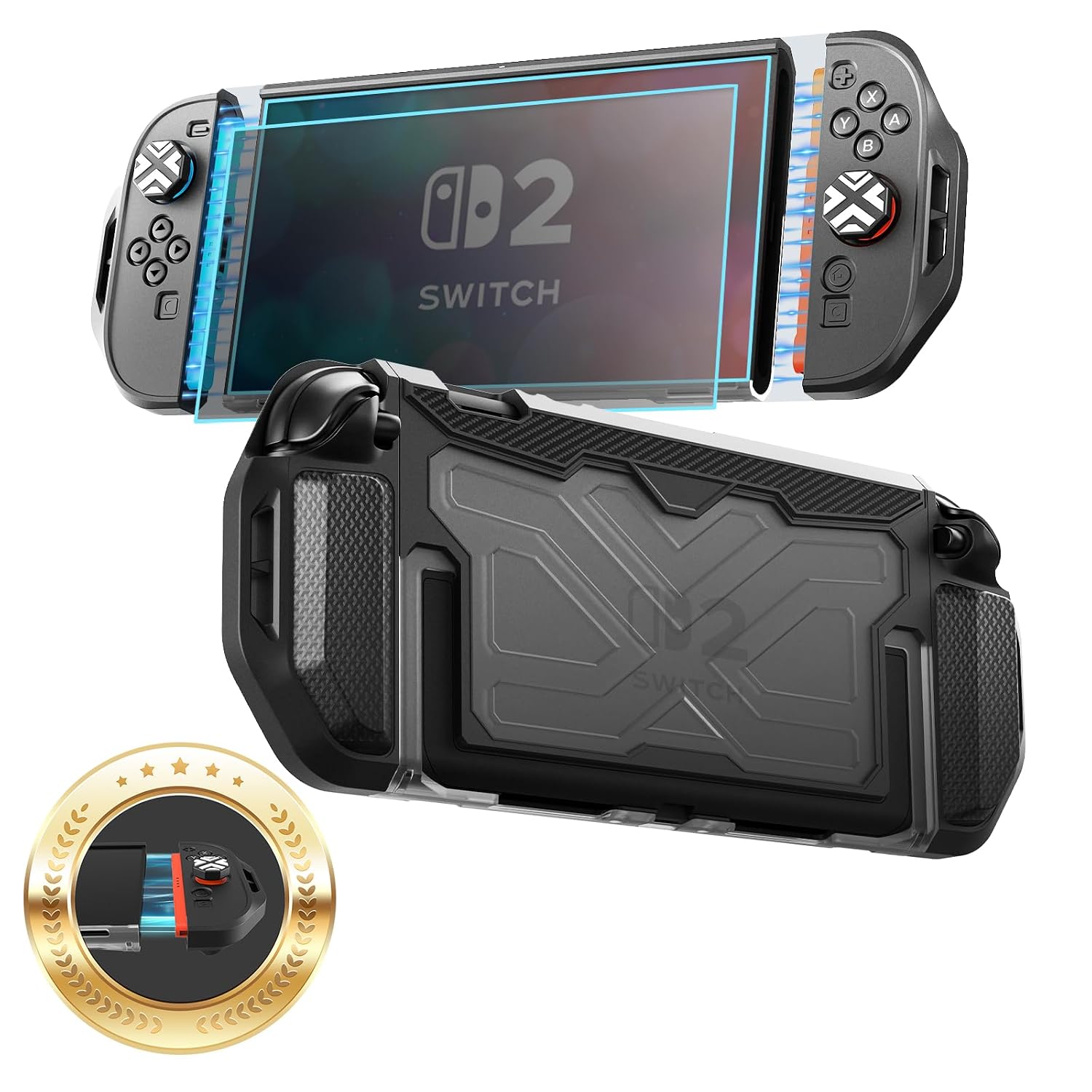 FUNDA CON AGARRE TOLADOSHOP PARA SWITCH 2 2025 CON PROTECTOR DE PANTALLA Y TAPAS PARA JOYSTICK NEGRO - 1