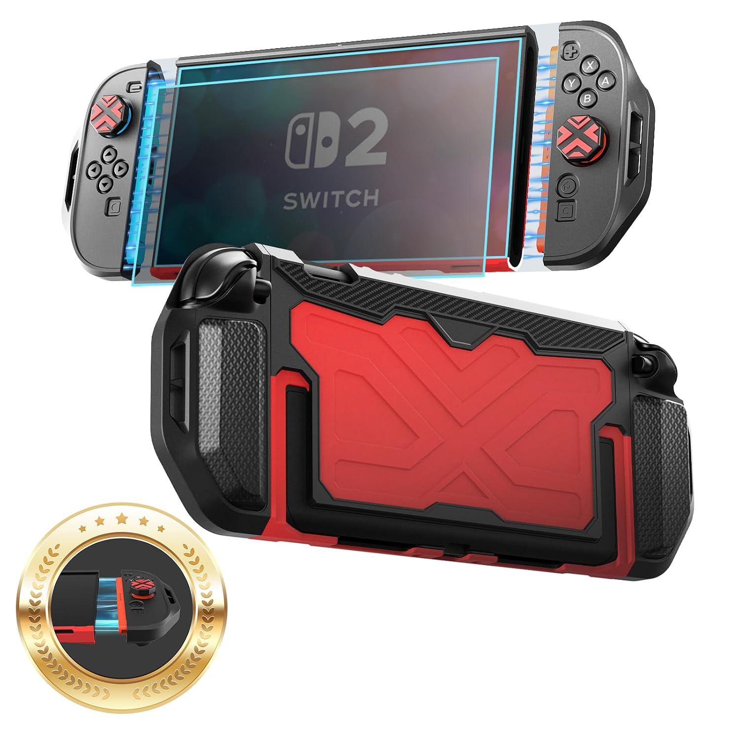 FUNDA CON AGARRE TOLADOSHOP PARA SWITCH 2 2025 ROJA CON PROTECTOR DE PANTALLA Y TAPAS PARA JOYSTICK - 1