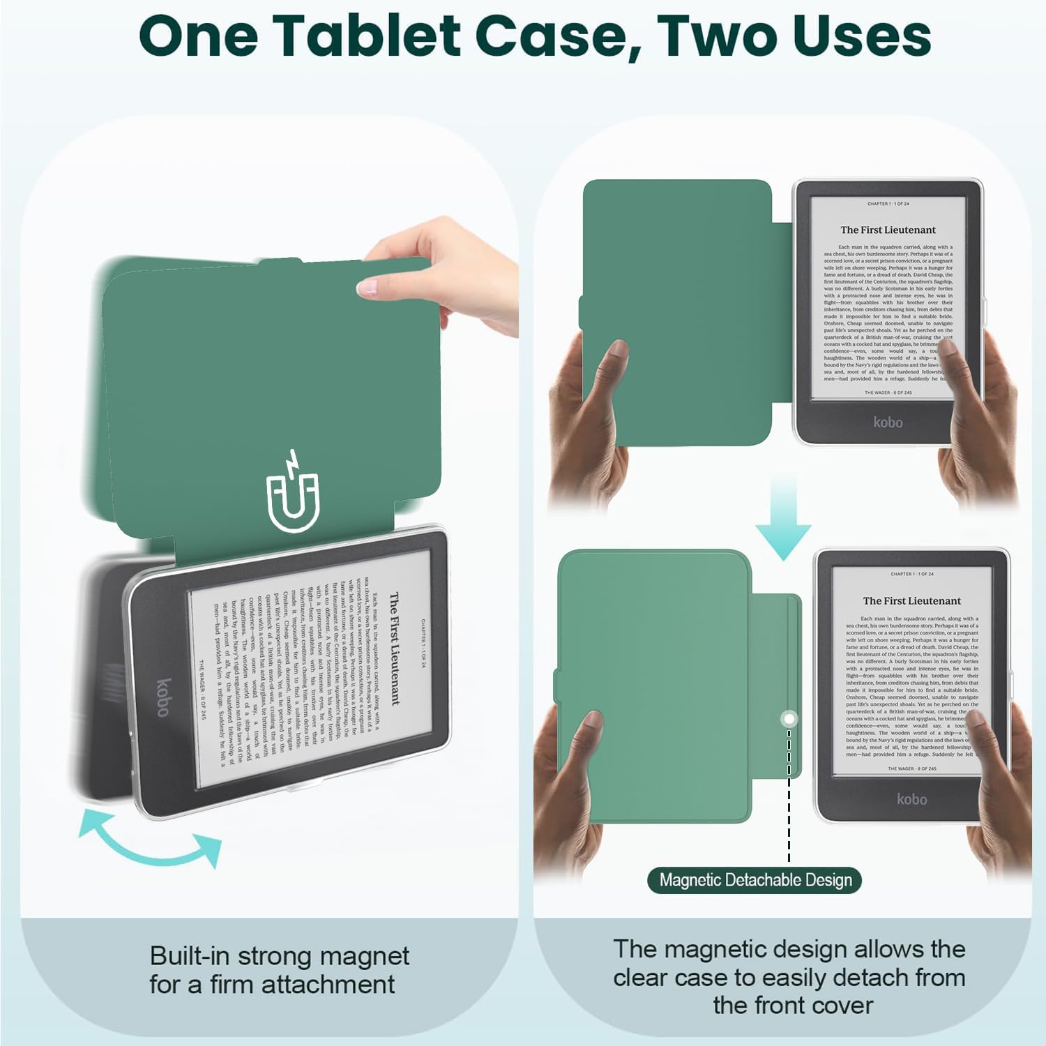 ESTUCHE E NET-CASE PARA KOBO CLARA COLOUR 6' (2024) CON TAPA MAGNÉTICA DESMONTABLE VERDE - 3