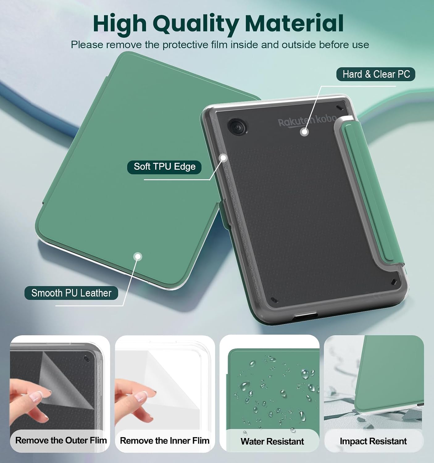 ESTUCHE E NET-CASE PARA KOBO CLARA COLOUR 6' (2024) CON TAPA MAGNÉTICA DESMONTABLE VERDE - 4