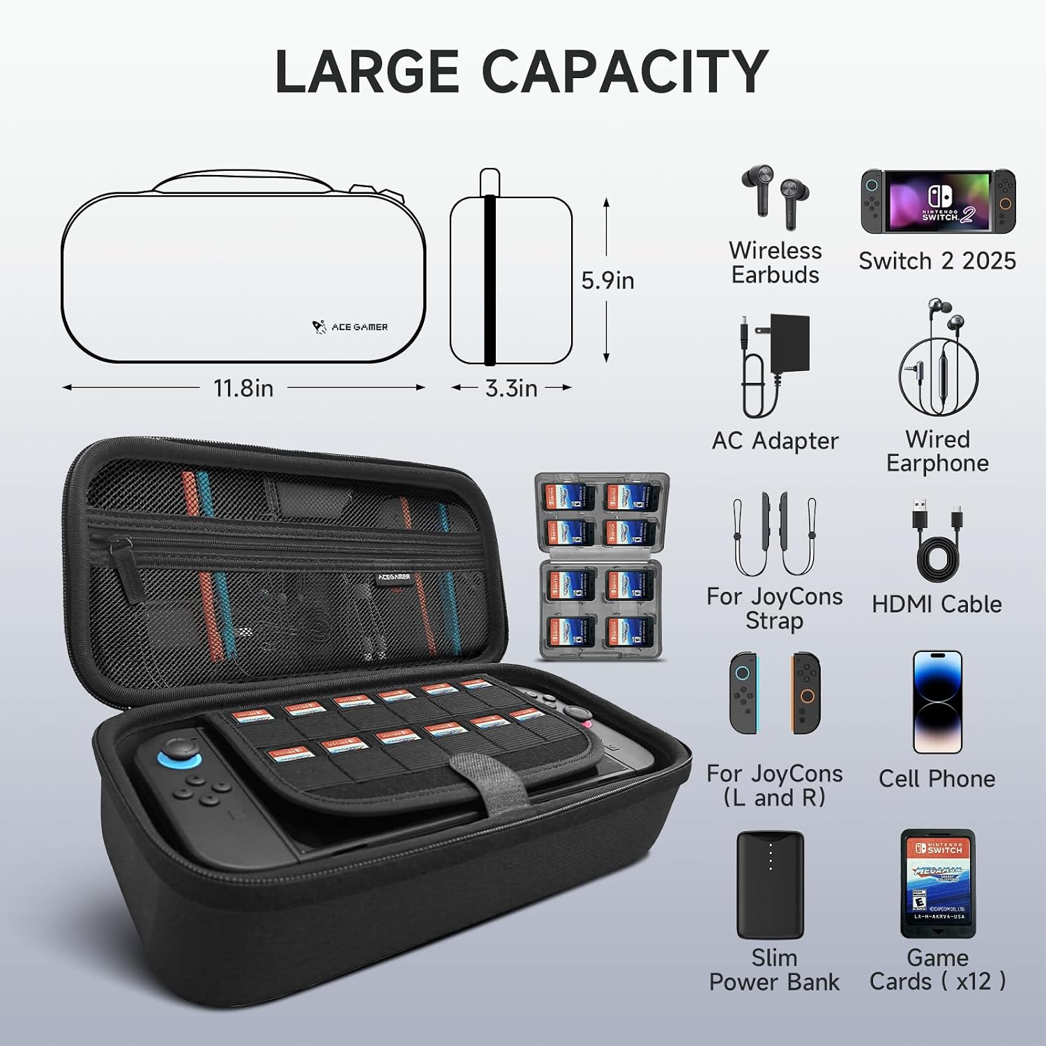 ESTUCHE ACEGAMER PARA NINTENDO SWITCH 2 2025 GRIS CON ACCESORIOS 3 EN 1 - 2