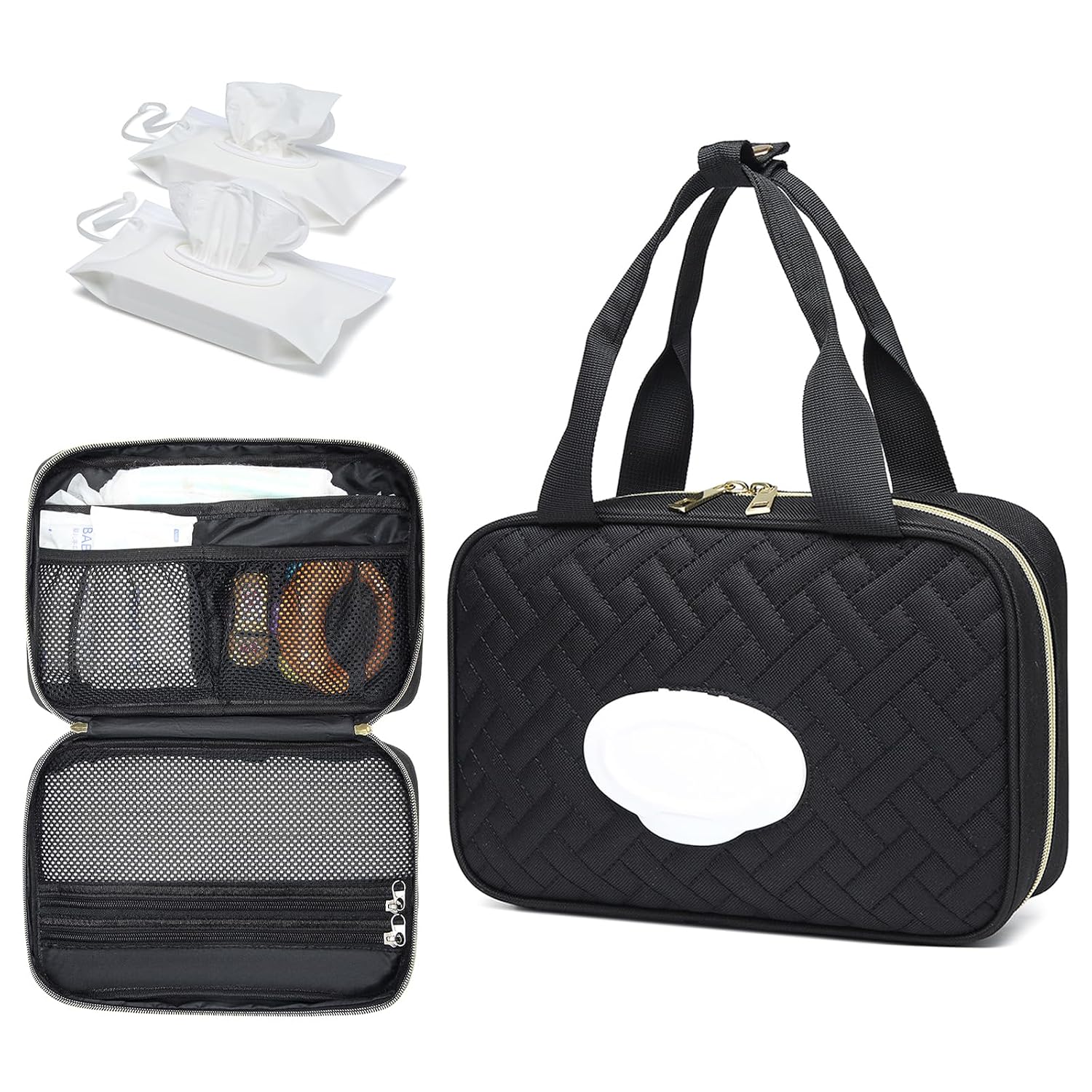 BOLSO ORGANIZADOR PARA PAÑALES FWKEKYE CON 2 DISPENSADORES DE TOALLITAS BLACK - 1