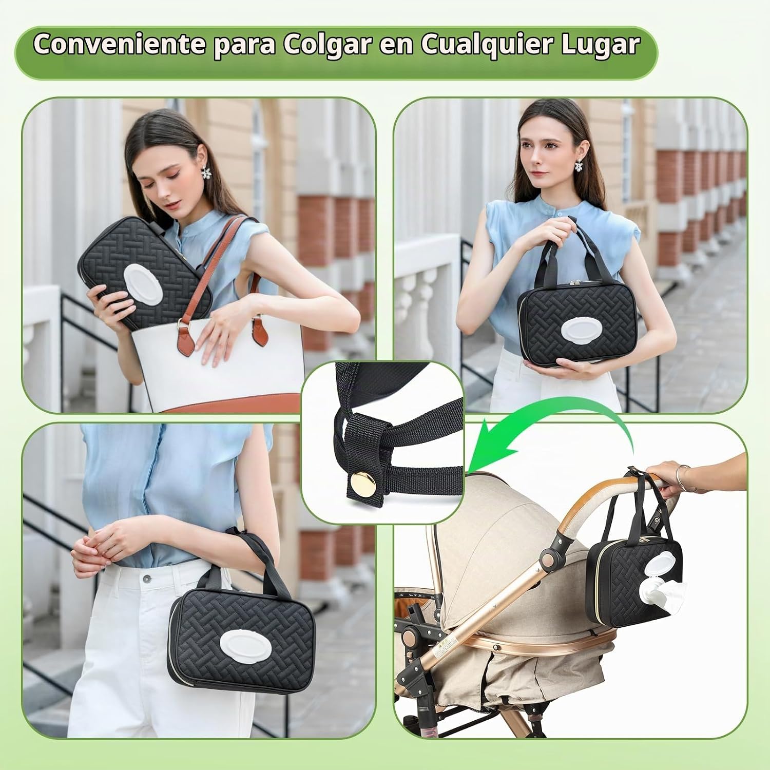 BOLSO ORGANIZADOR PARA PAÑALES FWKEKYE CON 2 DISPENSADORES DE TOALLITAS BLACK - 2