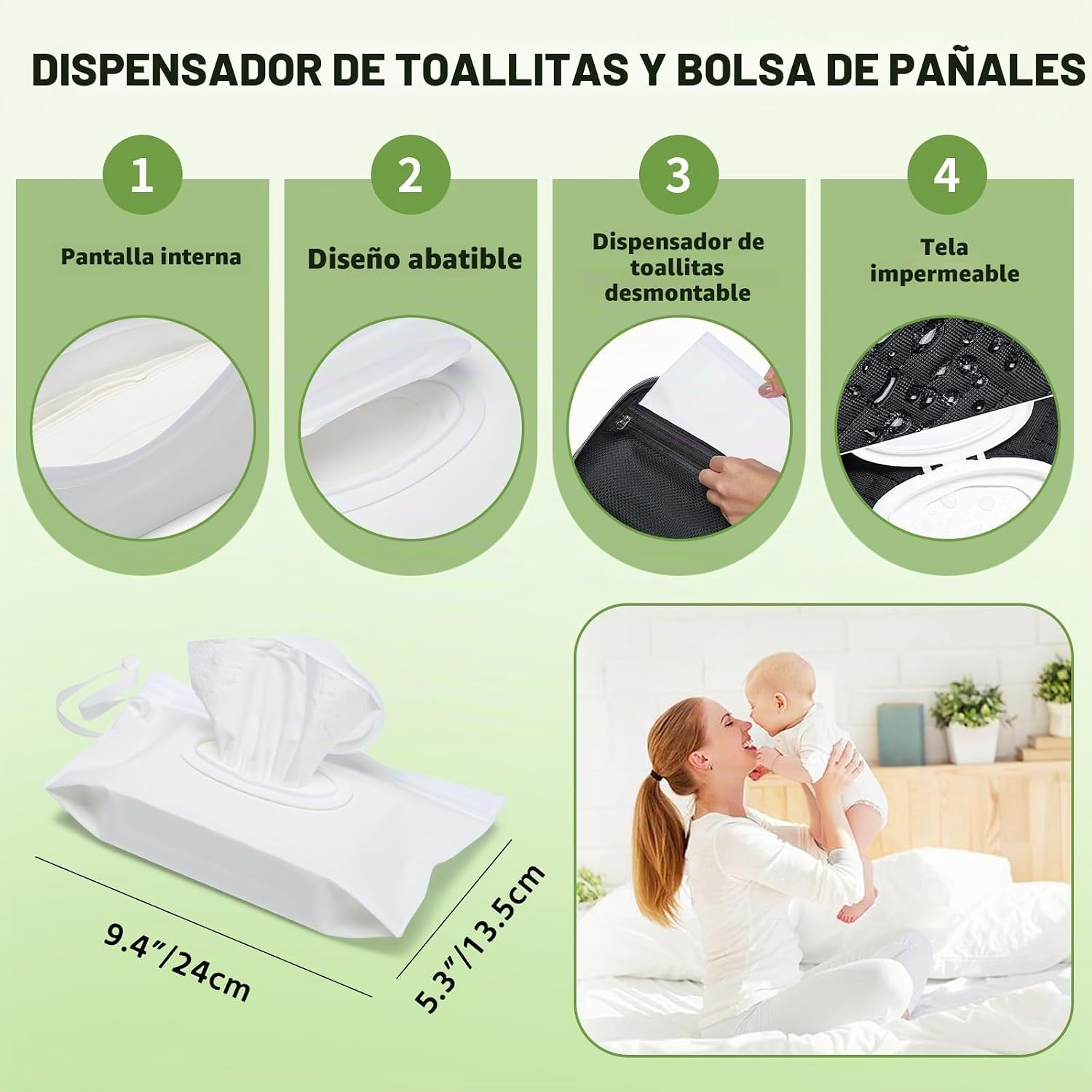 BOLSO ORGANIZADOR PARA PAÑALES FWKEKYE CON 2 DISPENSADORES DE TOALLITAS BLACK - 3