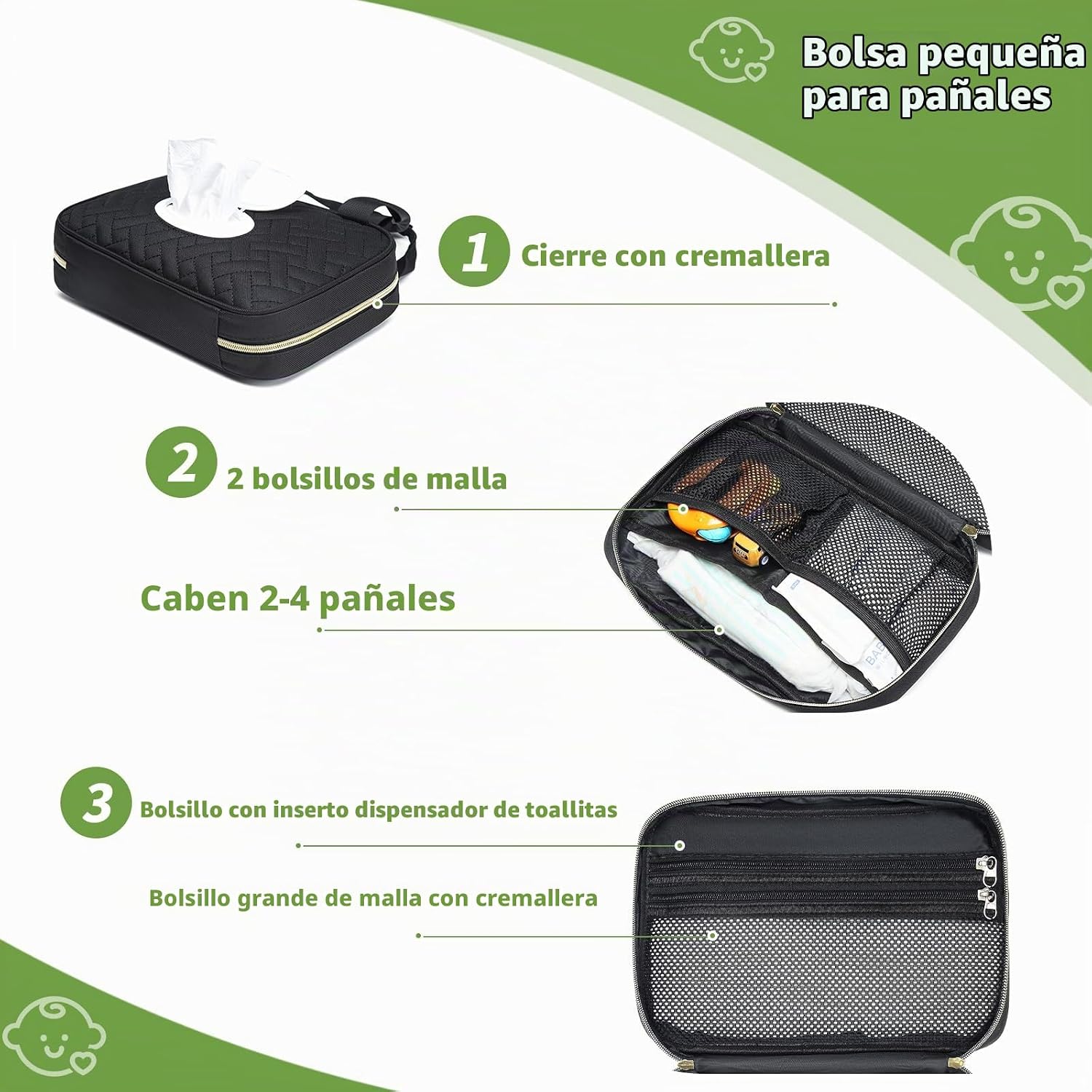 BOLSO ORGANIZADOR PARA PAÑALES FWKEKYE CON 2 DISPENSADORES DE TOALLITAS BLACK - 4