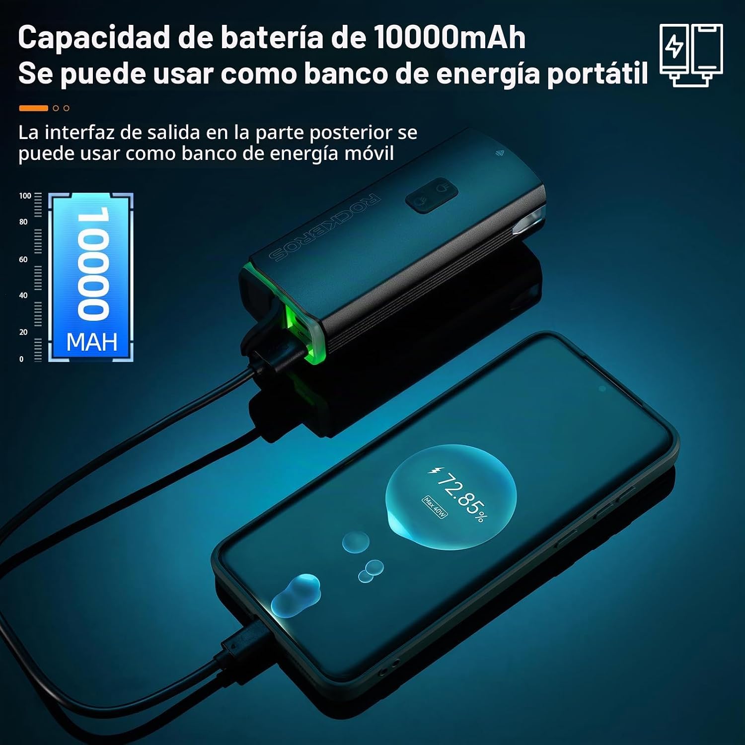 LUZ PARA BICICLETA ROCKBROS 3000 LÚMENES RECARGABLE USB-C - 4