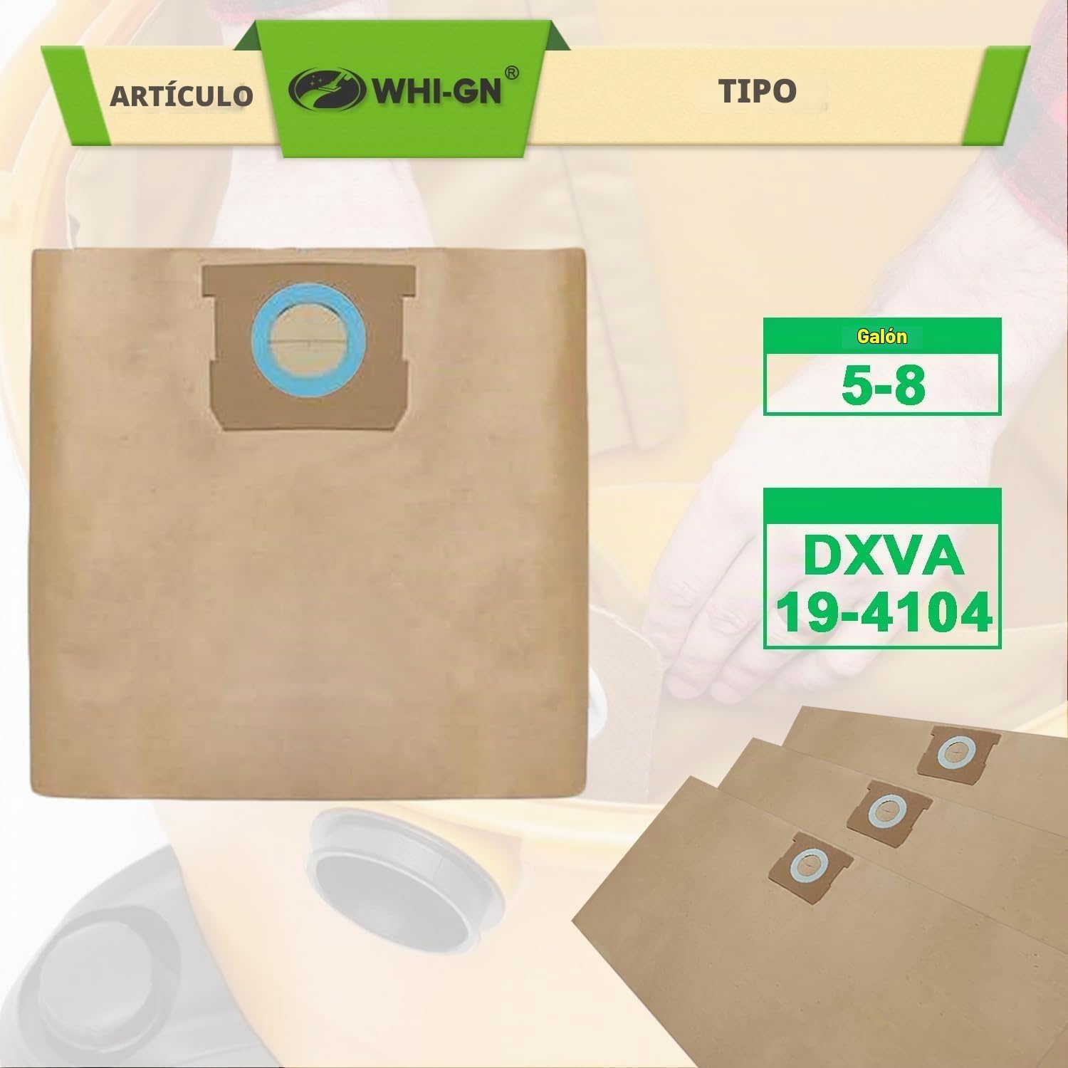 BOLSAS PARA ASPIRADORA WHI-GN DXVA19-4104 PARA DEWALT 5-8 GALONES 15 UNIDADES - 3