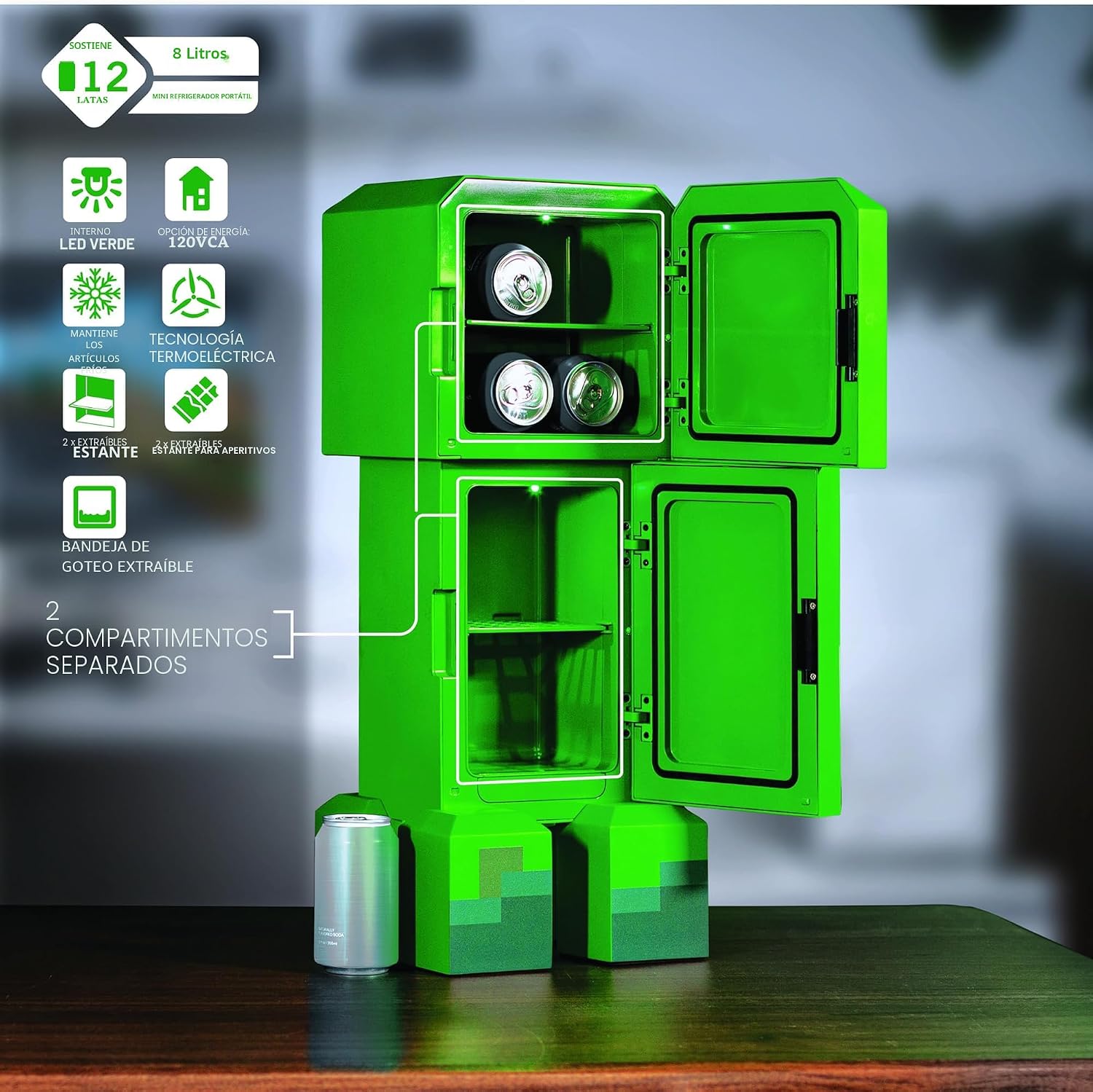 REFRIGERADORA MINI UKONIC MINECRAFT LEGENDS CREEPER 8L 12 LATAS - 2