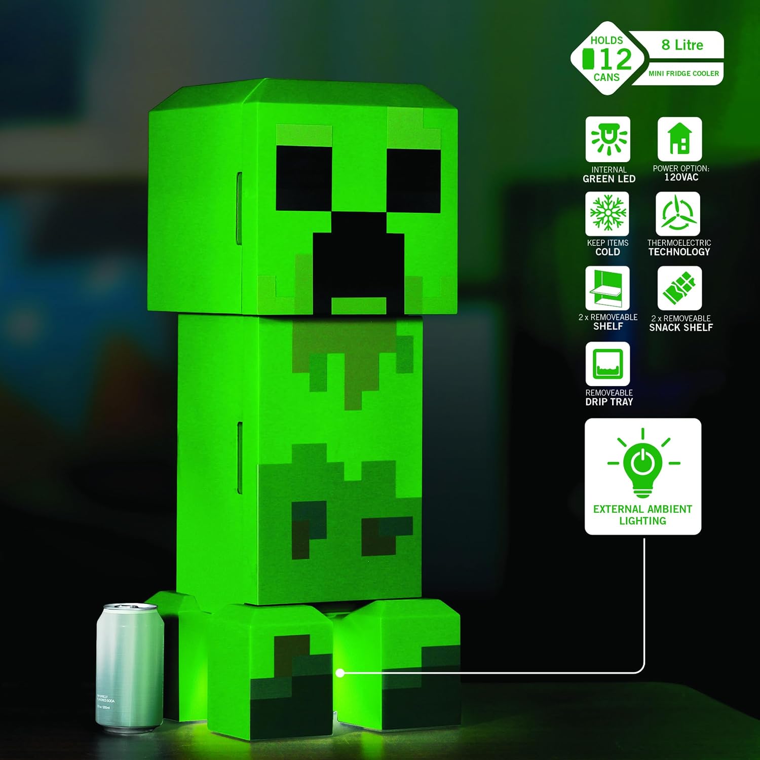 REFRIGERADORA MINI UKONIC MINECRAFT LEGENDS CREEPER 8L 12 LATAS - 4