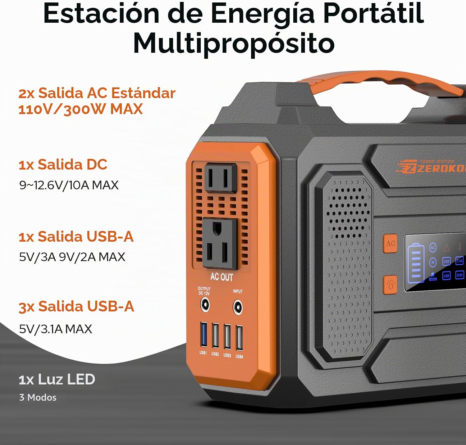 GENERADOR SOLAR PORTÁTIL ZEROKOR 300W CON PANEL SOLAR 60W - 3