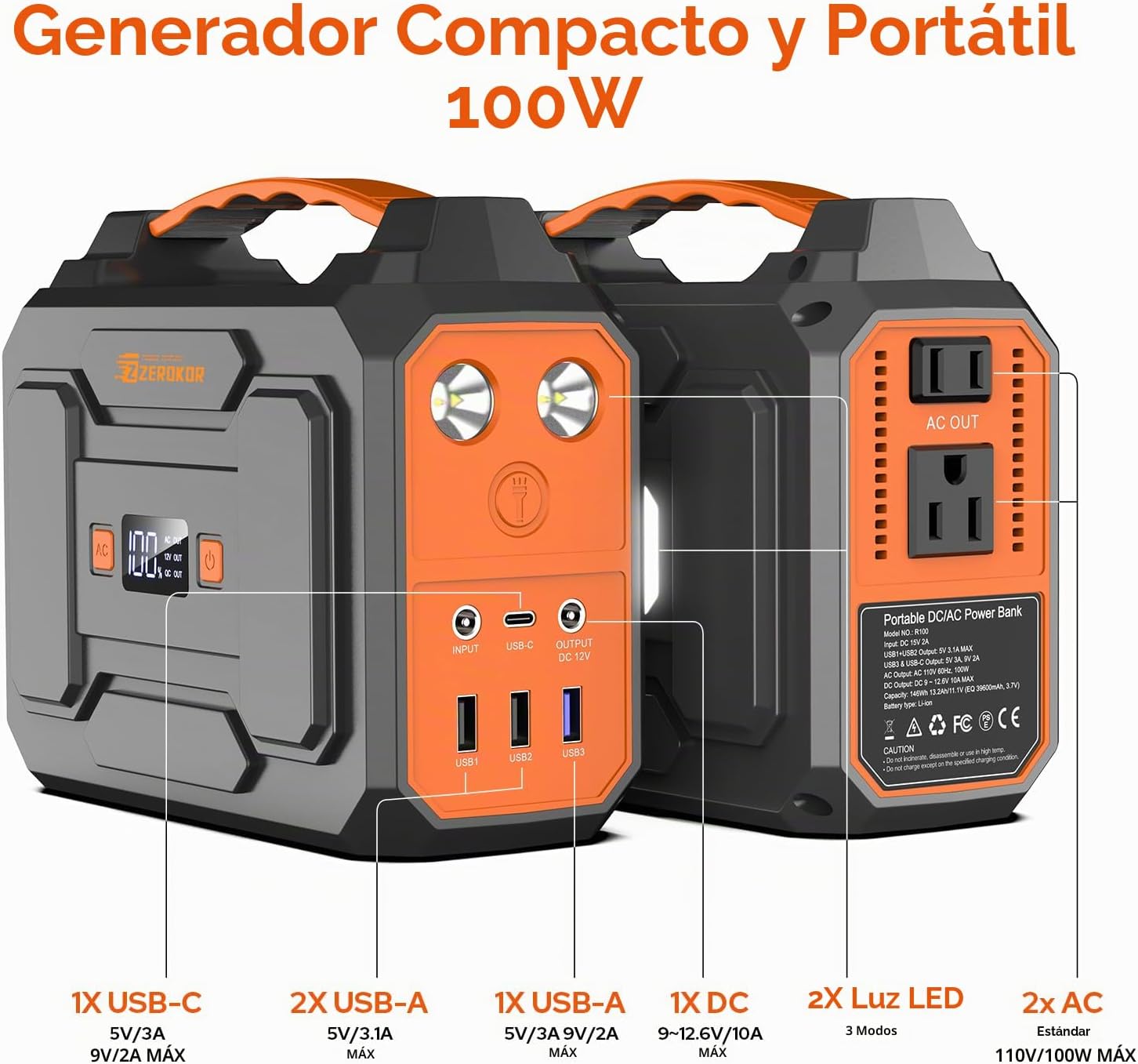 GENERADOR ELÉCTRICO PORTÁTIL ZEROKOR 100W CON PANEL SOLAR 40W - 5