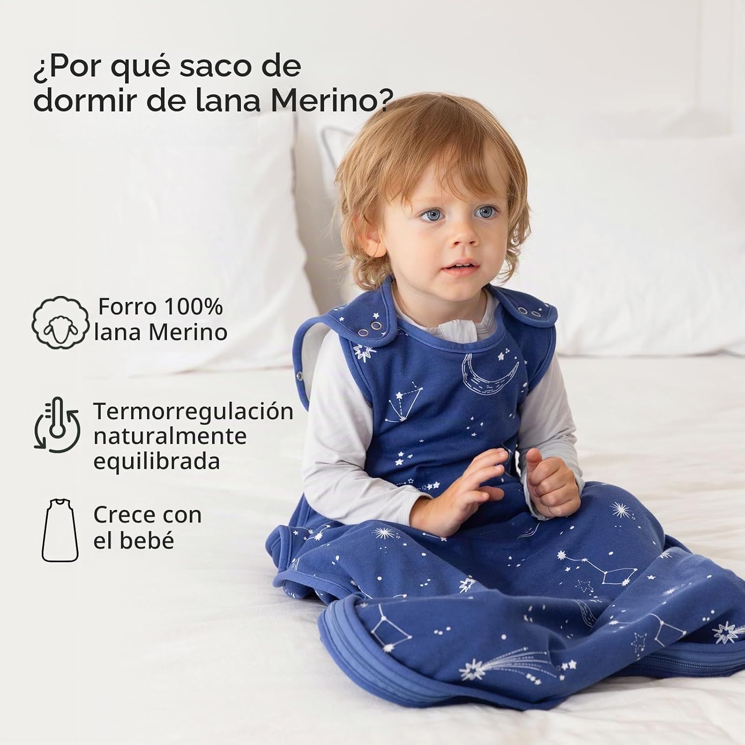 SACO DE DORMIR PARA BEBÉ COSYDIARY MERINO WOOL Y COTTON TALLA UNIVERSAL AJUSTABLE CON CIERRE 2 VÍAS - 2