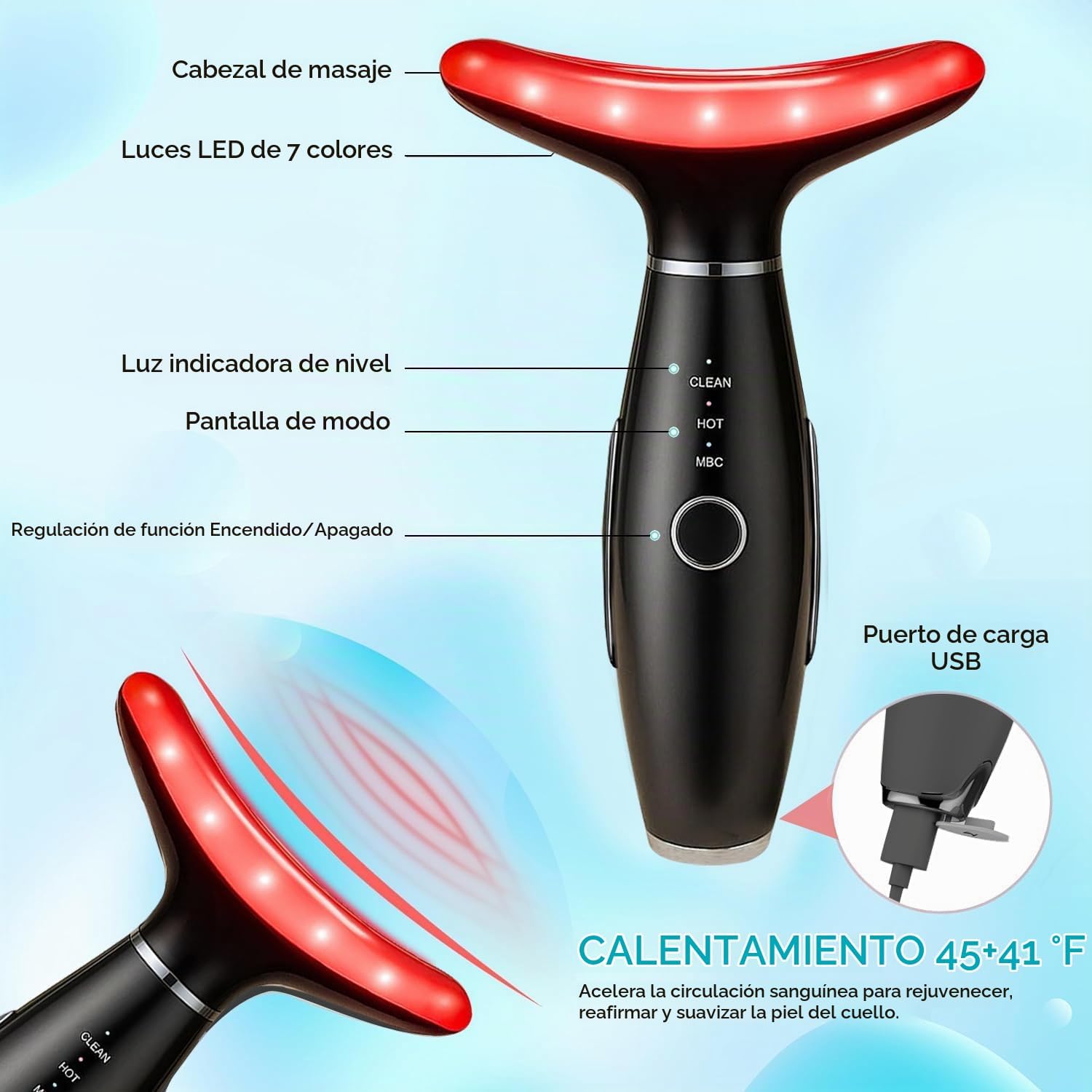 MASAJEADOR FACIAL TLINNA 7 COLORES RED-LIGHT TERAPIA PARA ROSTRO Y CUELLO VIBRATORIO NEGRO - 2