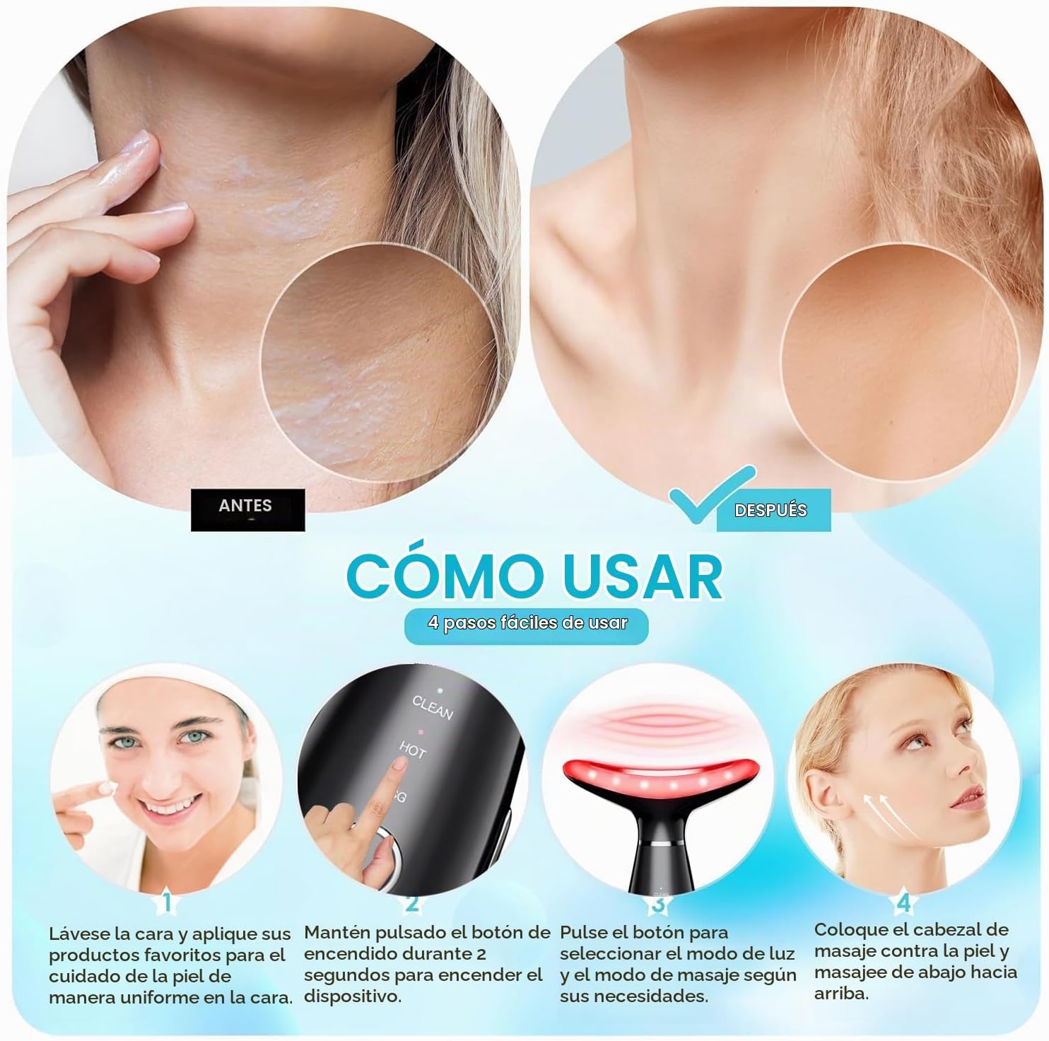 MASAJEADOR FACIAL TLINNA 7 COLORES RED-LIGHT TERAPIA PARA ROSTRO Y CUELLO VIBRATORIO NEGRO - 4