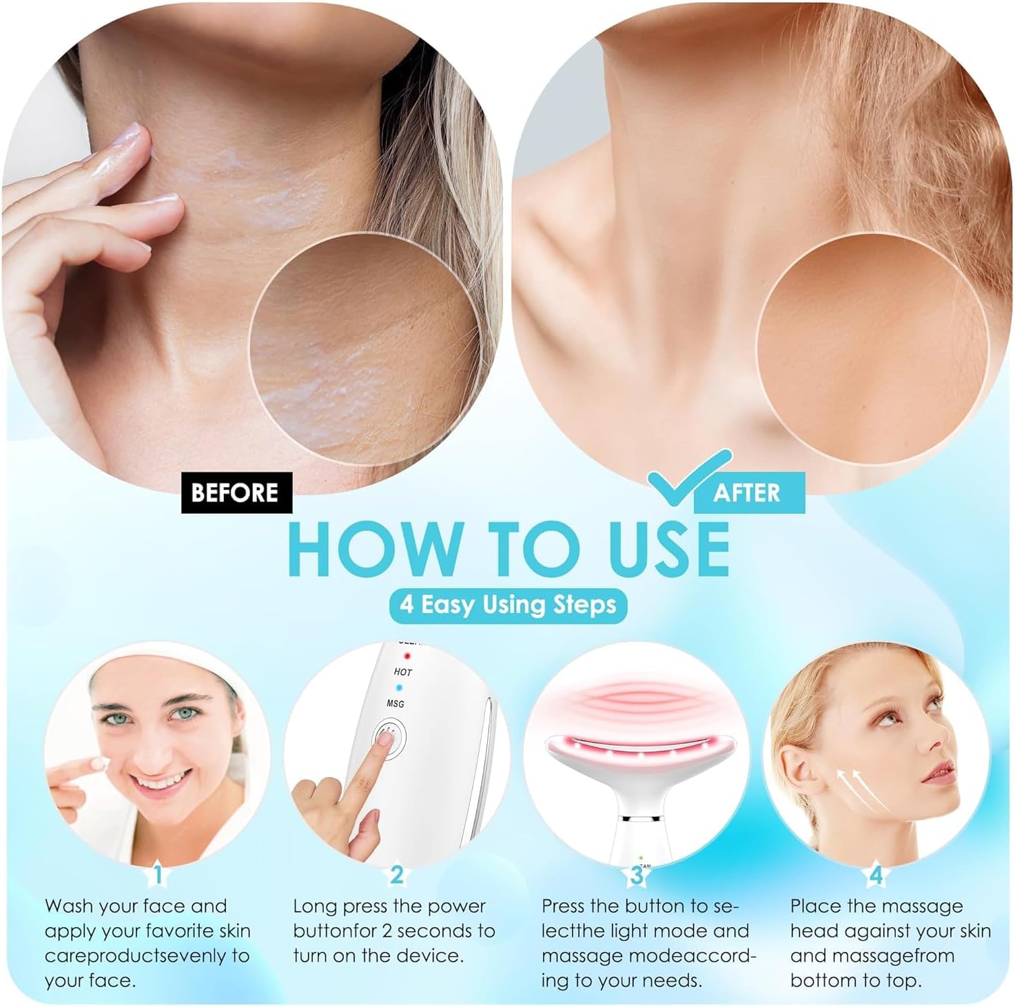 MASAJEADOR FACIAL TLINNA 7 COLORES LUZ ROJA TERAPIA PARA ROSTRO Y CUELLO VIBRATORIO BLANCO - 5