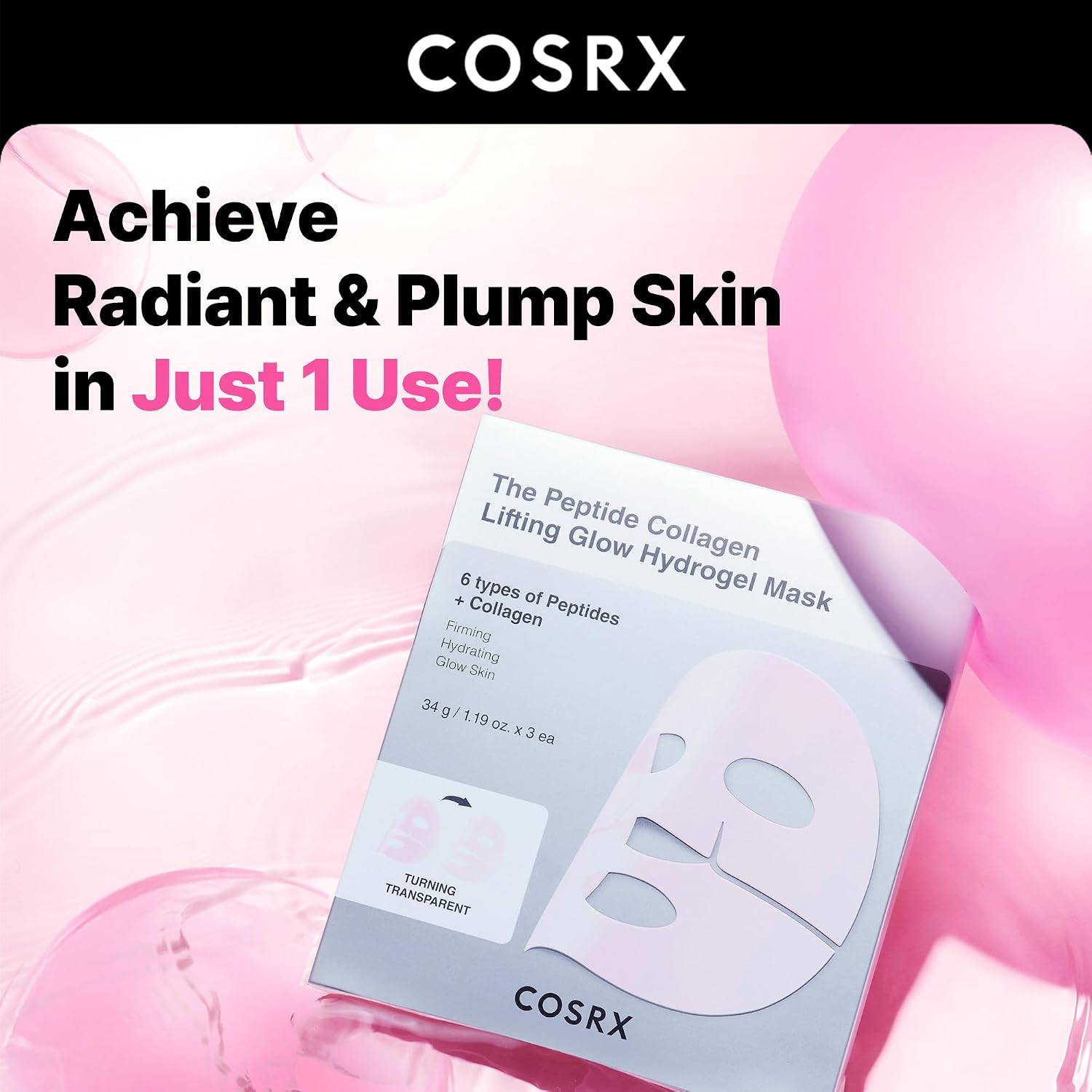 MASCARILLA FACIAL COSRX PINK PEPTIDES COLLAGEN LIFTING GLOW HYDROGEL 3 UNIDADES - 3