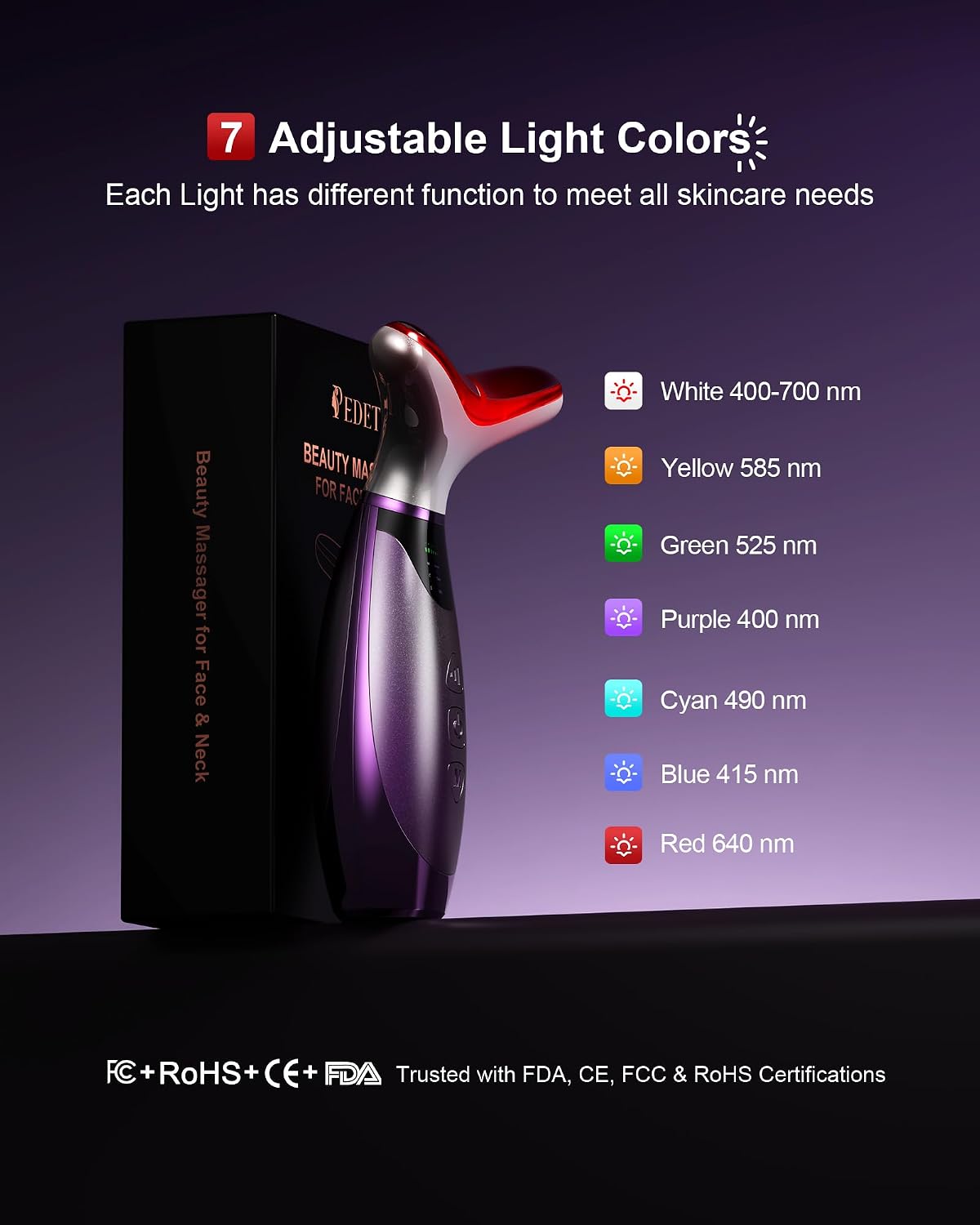 MASAJEADOR FACIAL PEDETE CON TERAPIA DE LUZ ROJA 7 COLORES PARA ROSTRO Y CUELLO - 3