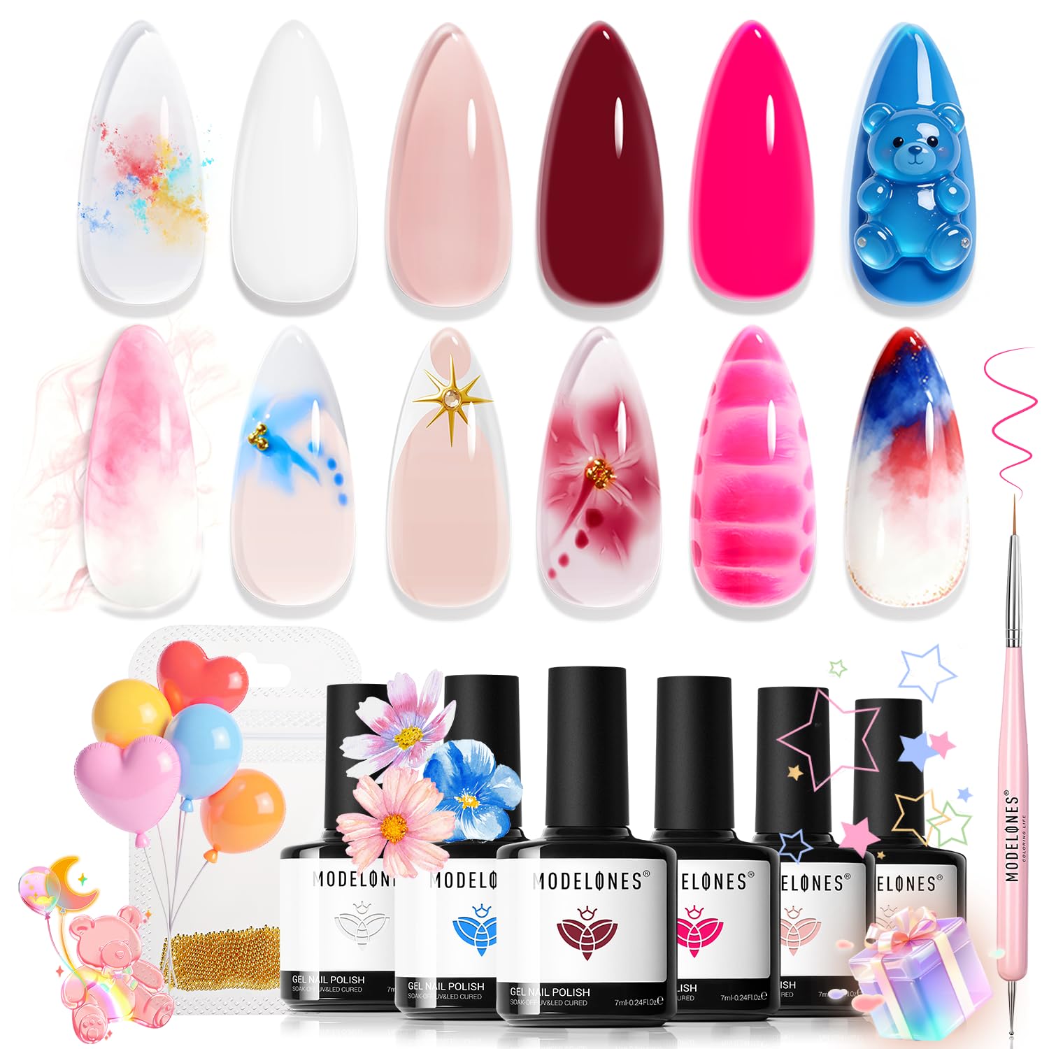SET DE ESMALTES EN GEL MODELONES 6 COLORES JELLY NUDE BURDEOS ROSA FUCSIA AZUL - 1