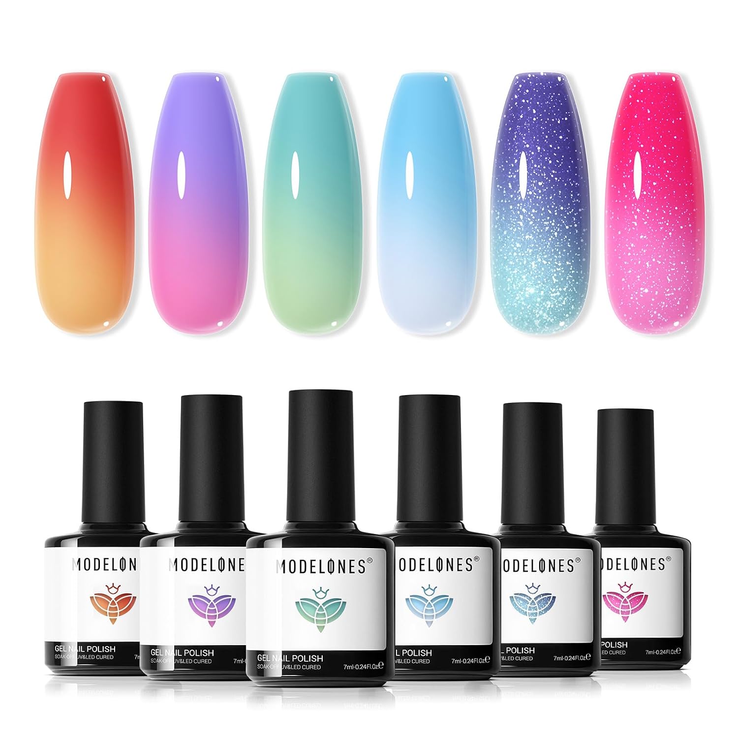 ESMALTES EN GEL MODELONES SET 6 COLORES GLITTER CAMBIO DE COLOR ROJO ROSA AZUL - 1