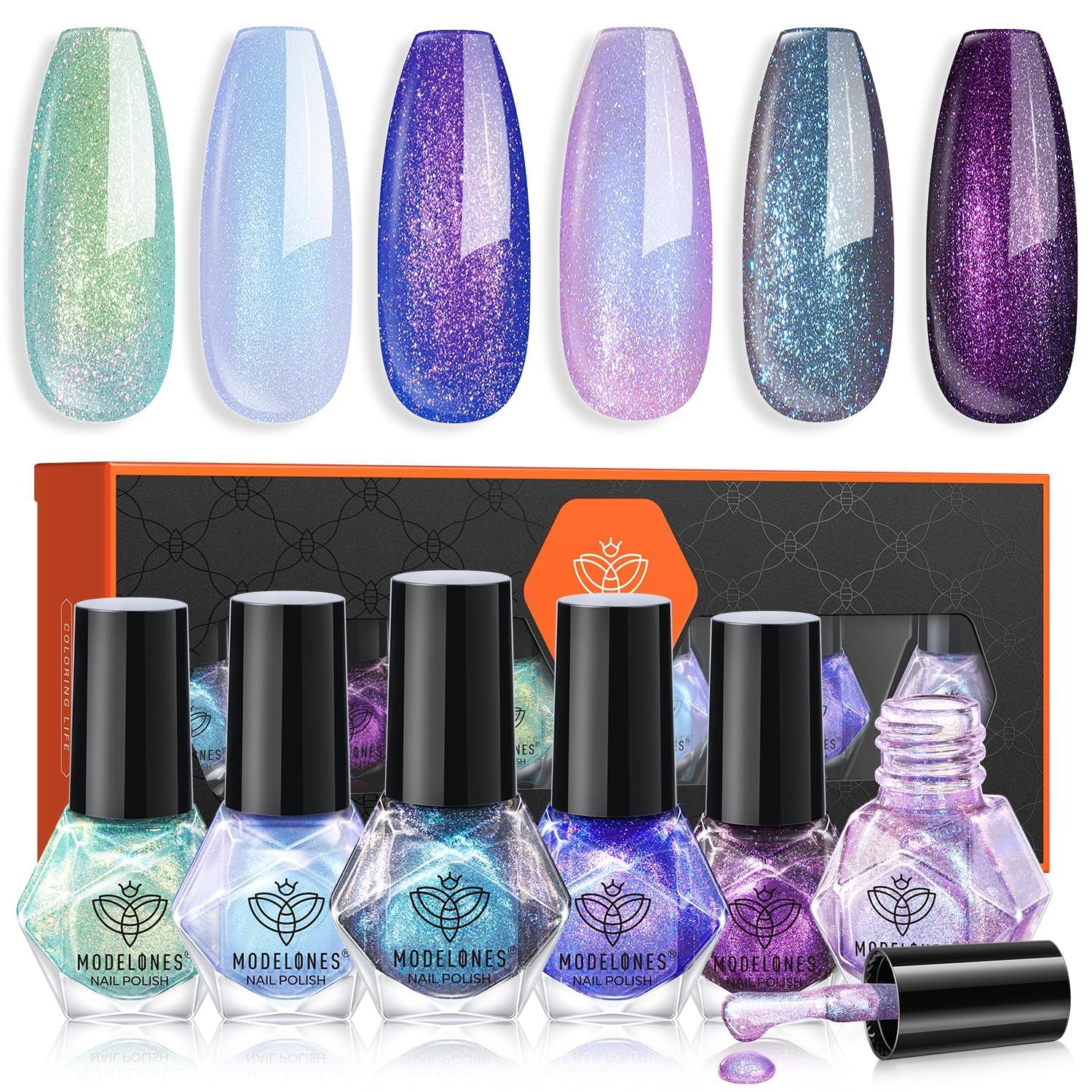 ESMALTES DE UÑAS MODELONES QUICK DRY SET 6 COLORES HOLOGRÁFICOS - 1