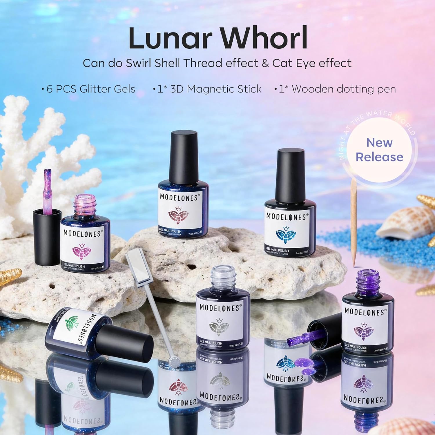 ESMALTES EN GEL MODELONES CAT EYE SET GLITTER 6 COLORES ROSA AZUL VERDE - 2