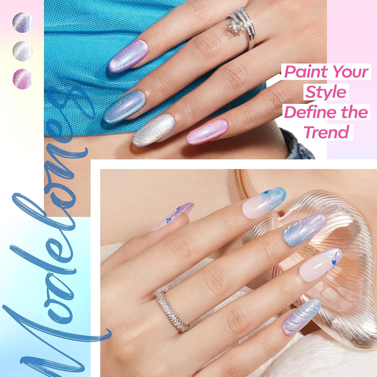 ESMALTES EN GEL MODELONES CAT EYE SET GLITTER 6 COLORES ROSA AZUL VERDE - 3