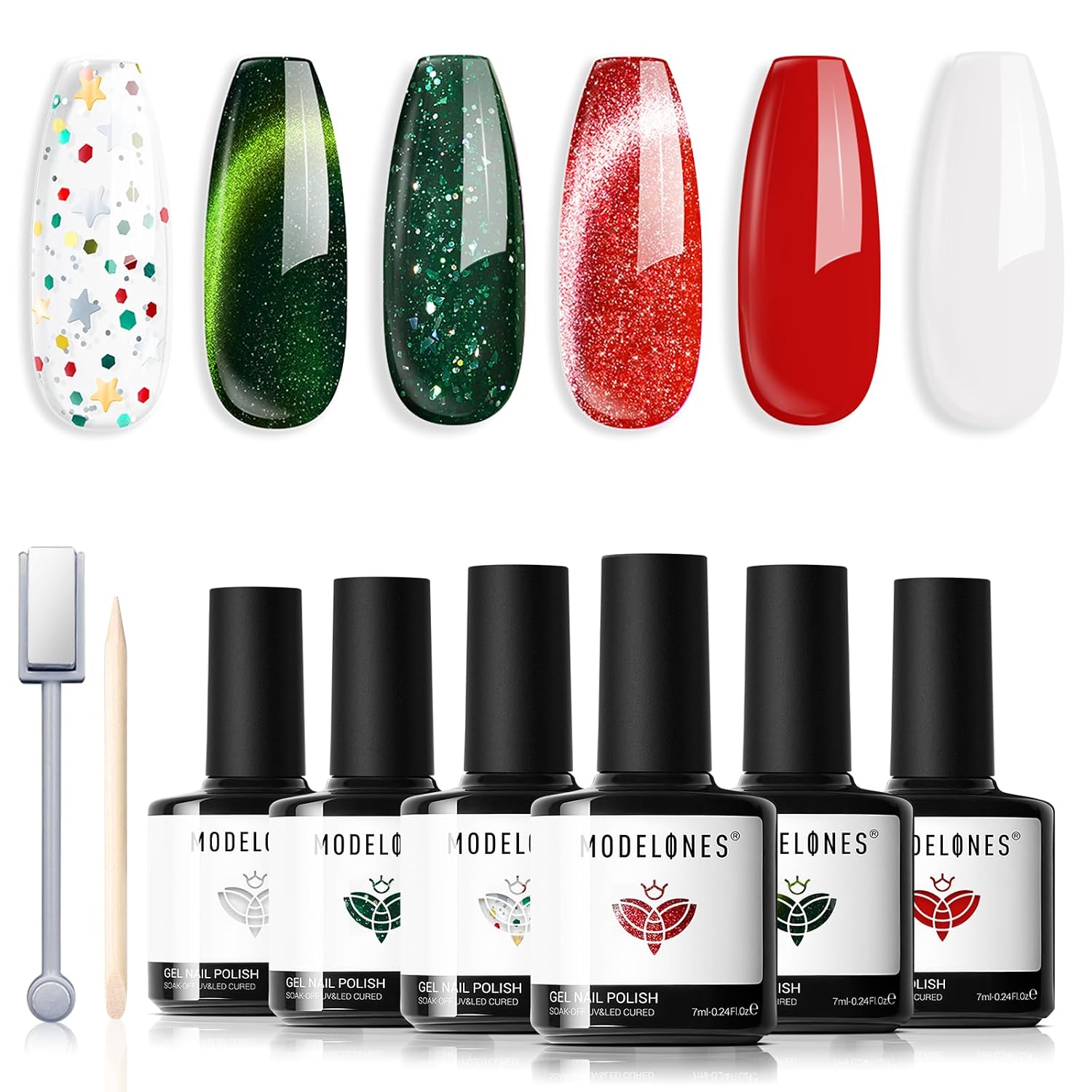 ESMALTES EN GEL MODELONES CAT EYE SET 6 COLORES GLITTER ROJO VERDE OSCURO BLANCO - 1