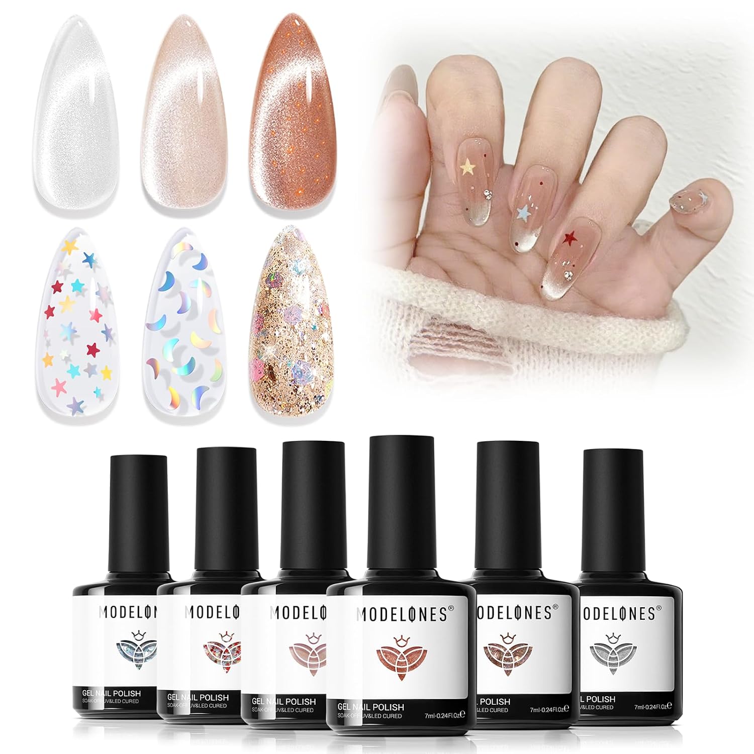 ESMALTES EN GEL MODELONES CAT EYE SET 6 COLORES NUDE Y MARRÓN CON GLITTER - 1
