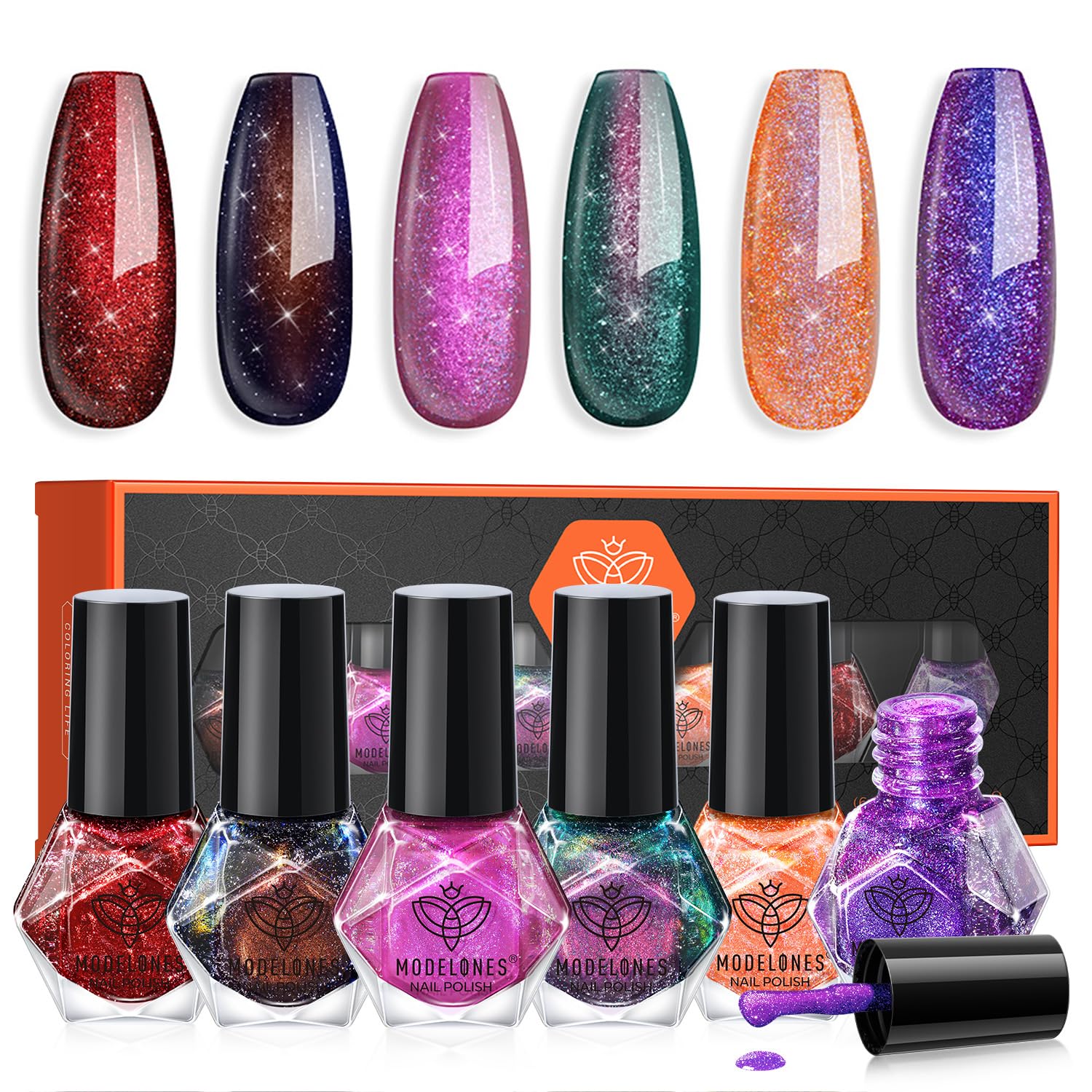 ESMALTES DE UÑAS MODELONES SET 6 COLORES ROJO Y PÚRPURA CON GLITTER - 1