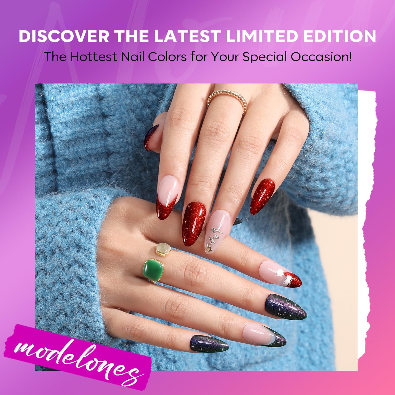 ESMALTES DE UÑAS MODELONES SET 6 COLORES ROJO Y PÚRPURA CON GLITTER - 3
