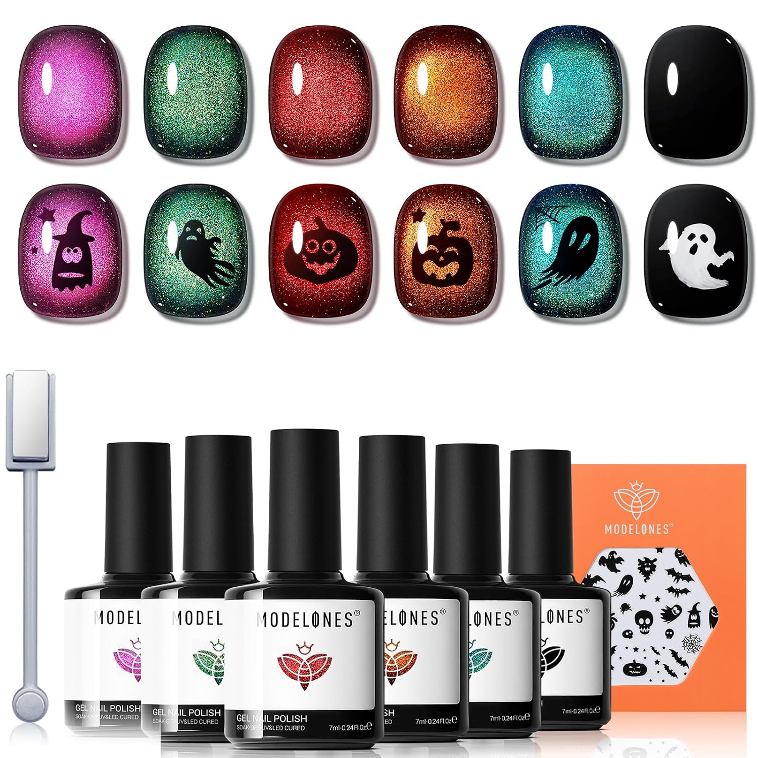 ESMALTES EN GEL MODELONES CAT EYE HALLOWEEN 6 COLORES CON STICKERS - 1