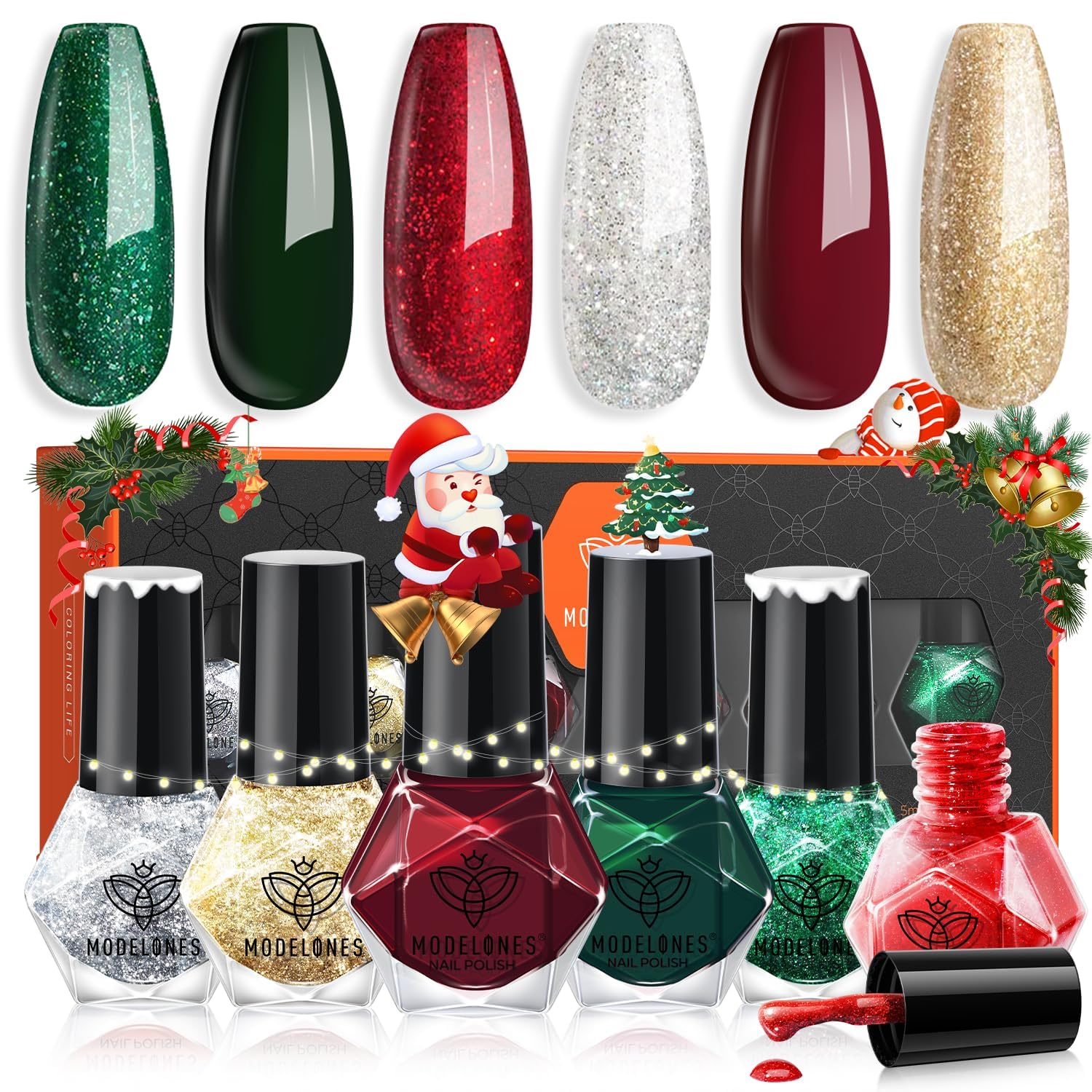 ESMALTES DE UÑAS MODELONES SET 6 COLORES ROJO, VERDE Y DORADO - 1