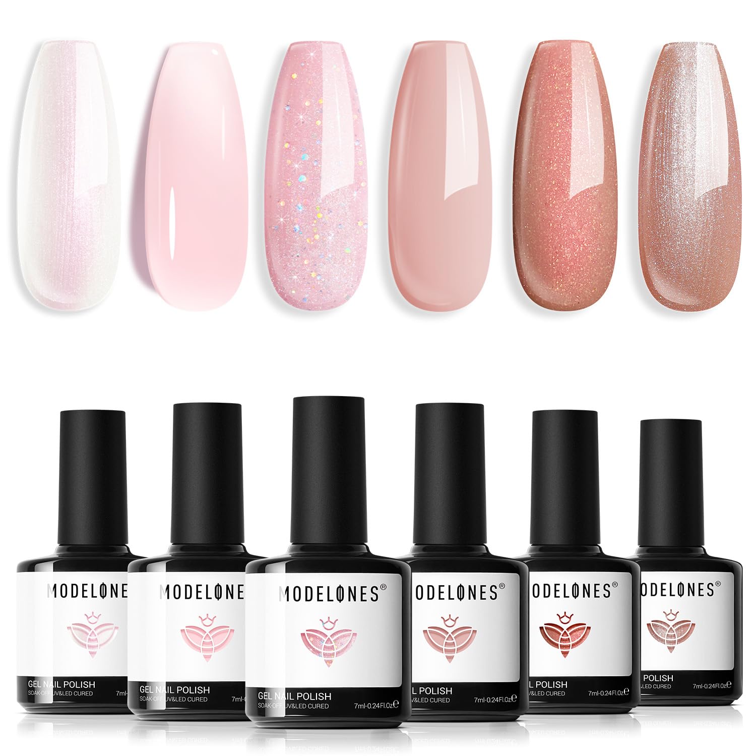 ESMALTES EN GEL MODELONES SET GLITTER NUDE 6 COLORES ROSA BLANCO BRILLO - 1