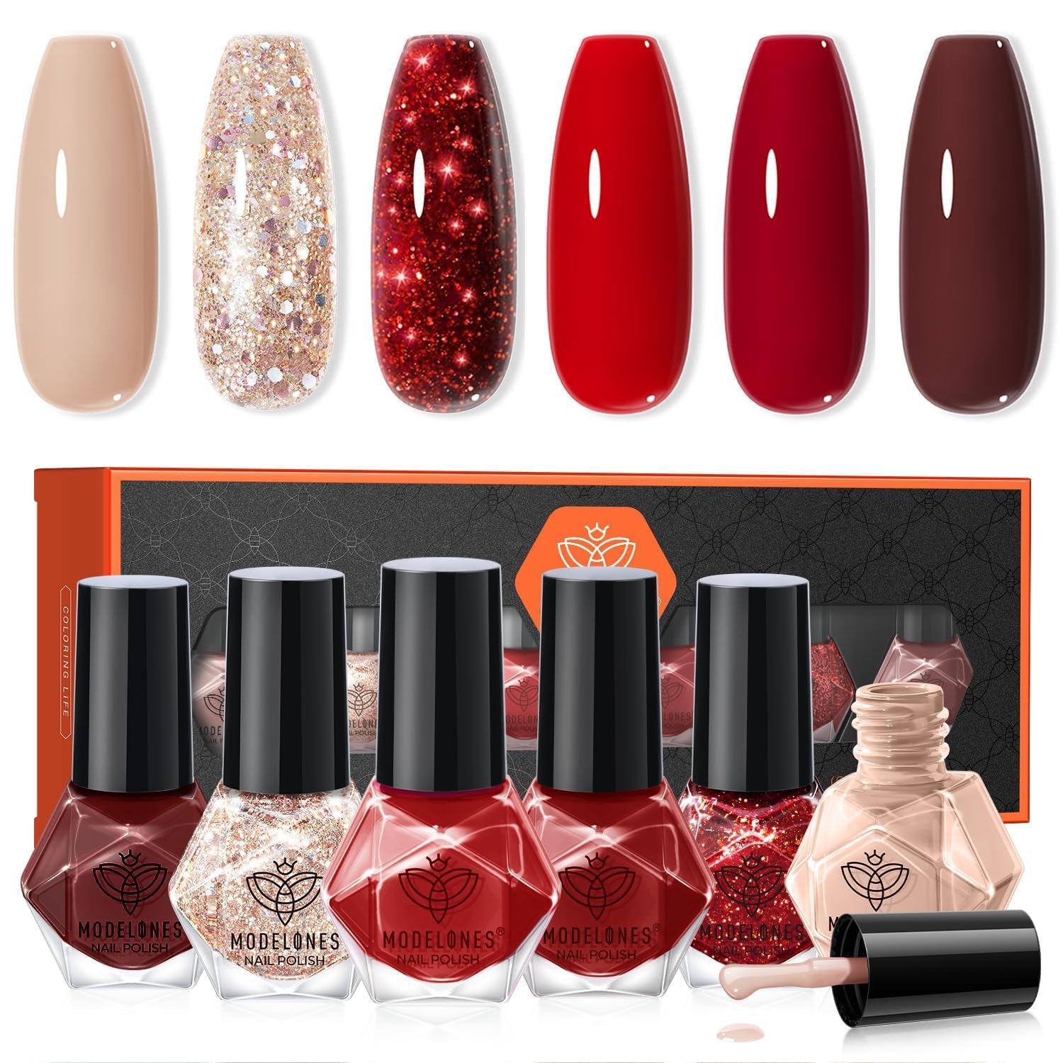 SET DE ESMALTES MODELONES QUICK DRY 6 COLORES ROJO NUDE DORADO GLITTER - 1