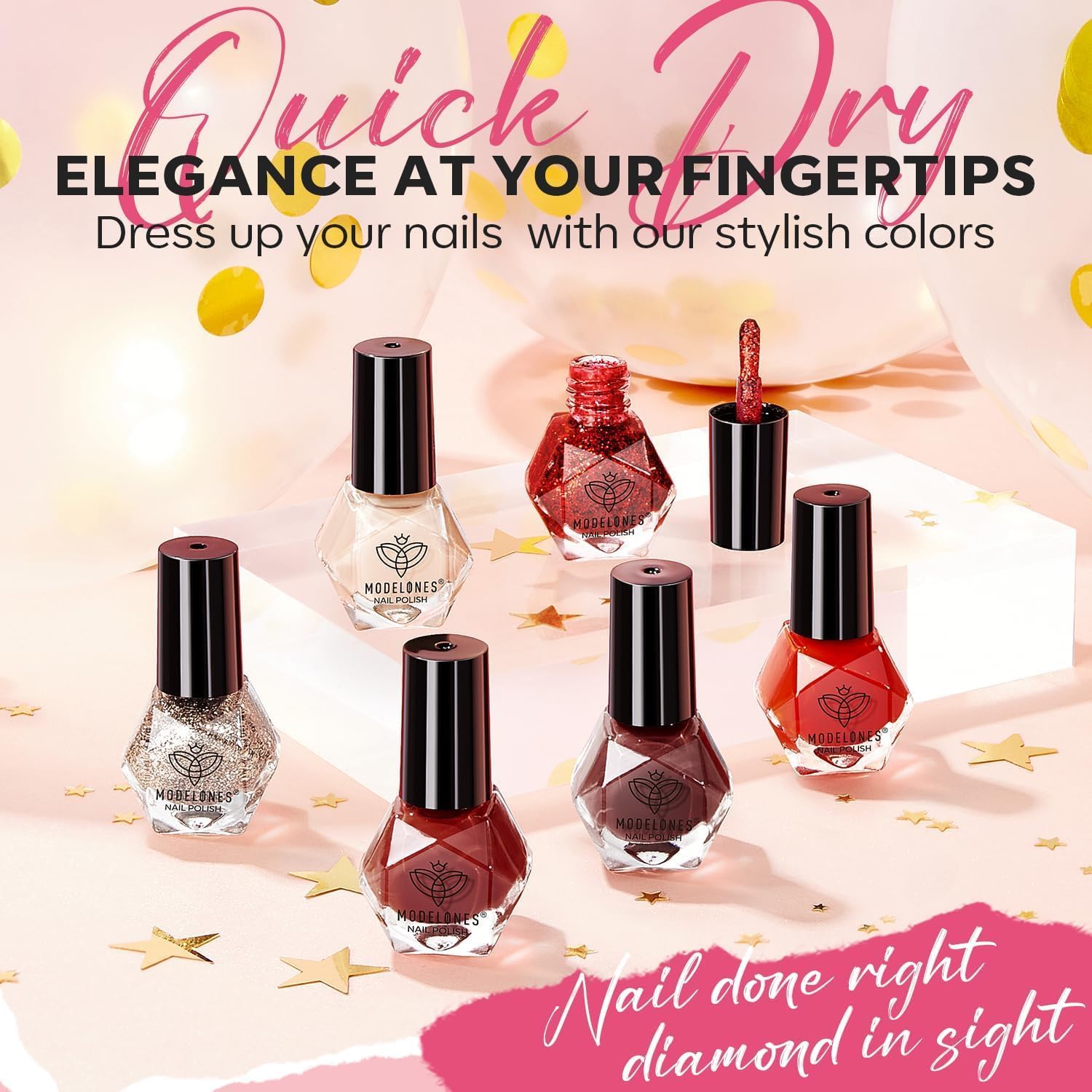SET DE ESMALTES MODELONES QUICK DRY 6 COLORES ROJO NUDE DORADO GLITTER - 4