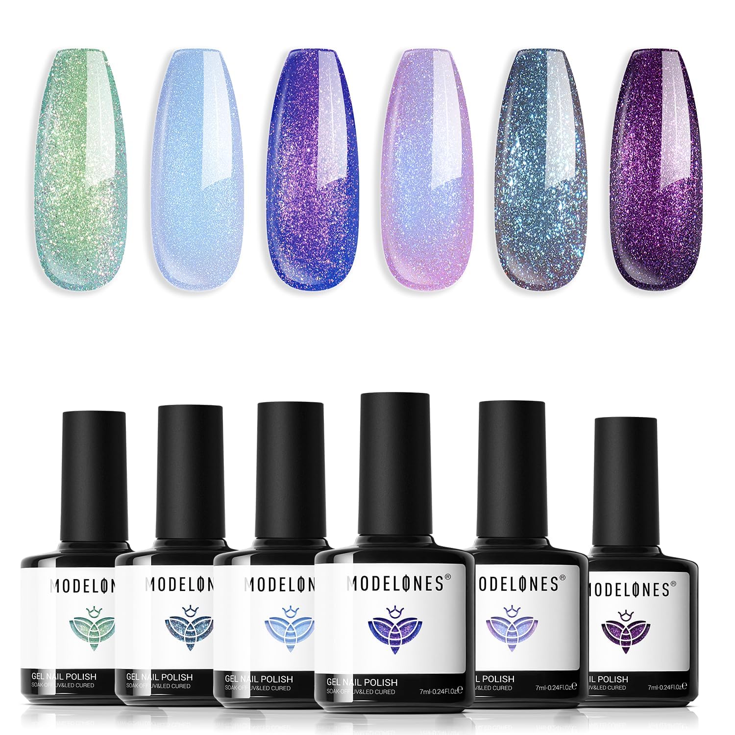 ESMALTES EN GEL MODELONES SET GLITTER CAMALEÓN 6 COLORES AZUL VERDE PÚRPURA - 1