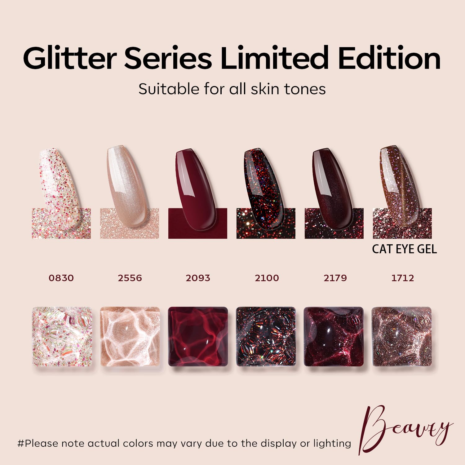 ESMALTES EN GEL MODELONES CAT EYE SET GLITTER 6 COLORES BURDEOS - 2