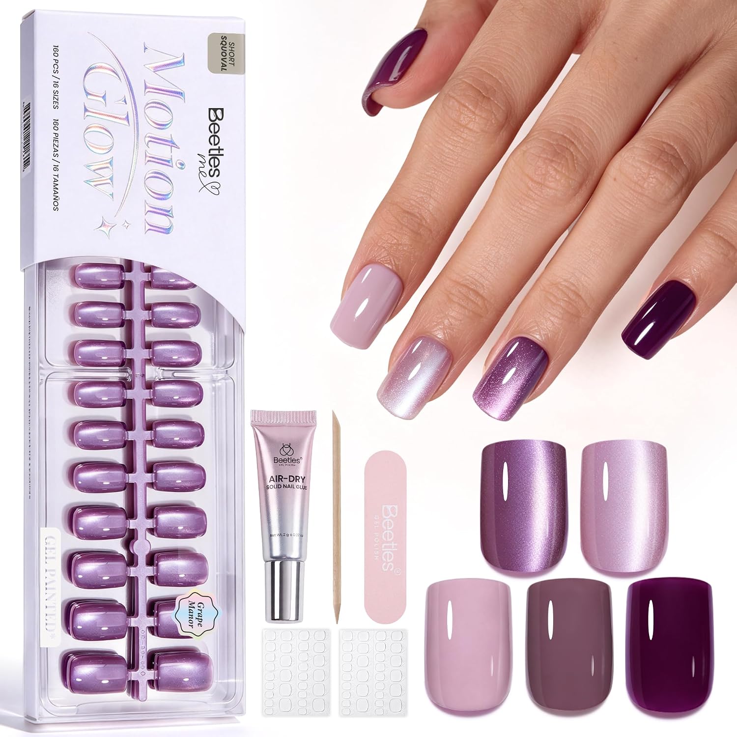 UÑAS POSTIZAS BEETLES PURPLE PRESS ON CORTAS SQUOVAL 160 PIEZAS 5 COLORES - 1