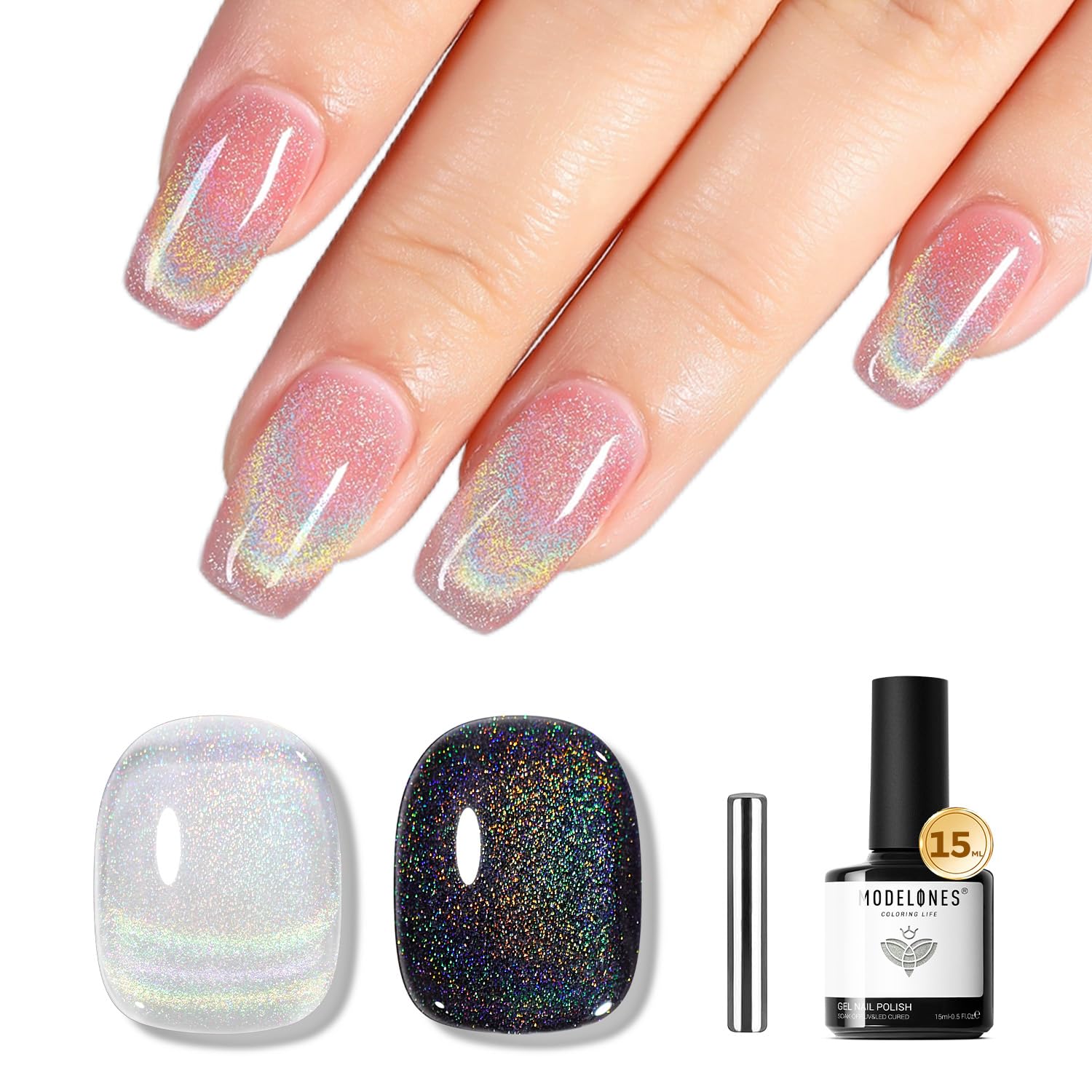 ESMALTE EN GEL MODELONES CAT EYE RAINBOW SILVER GLITTER HOLOGRÁFICO - 1