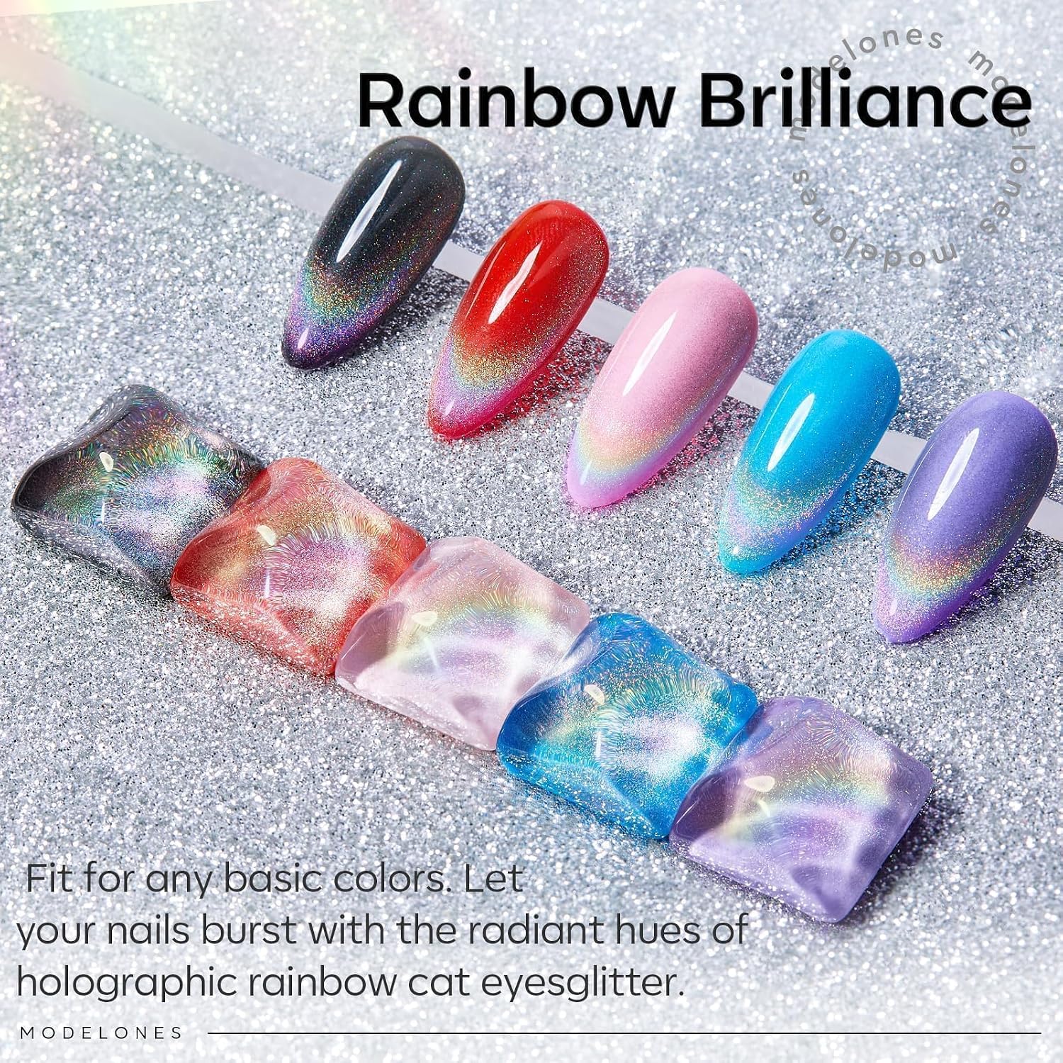 ESMALTE EN GEL MODELONES CAT EYE RAINBOW SILVER GLITTER HOLOGRÁFICO - 3