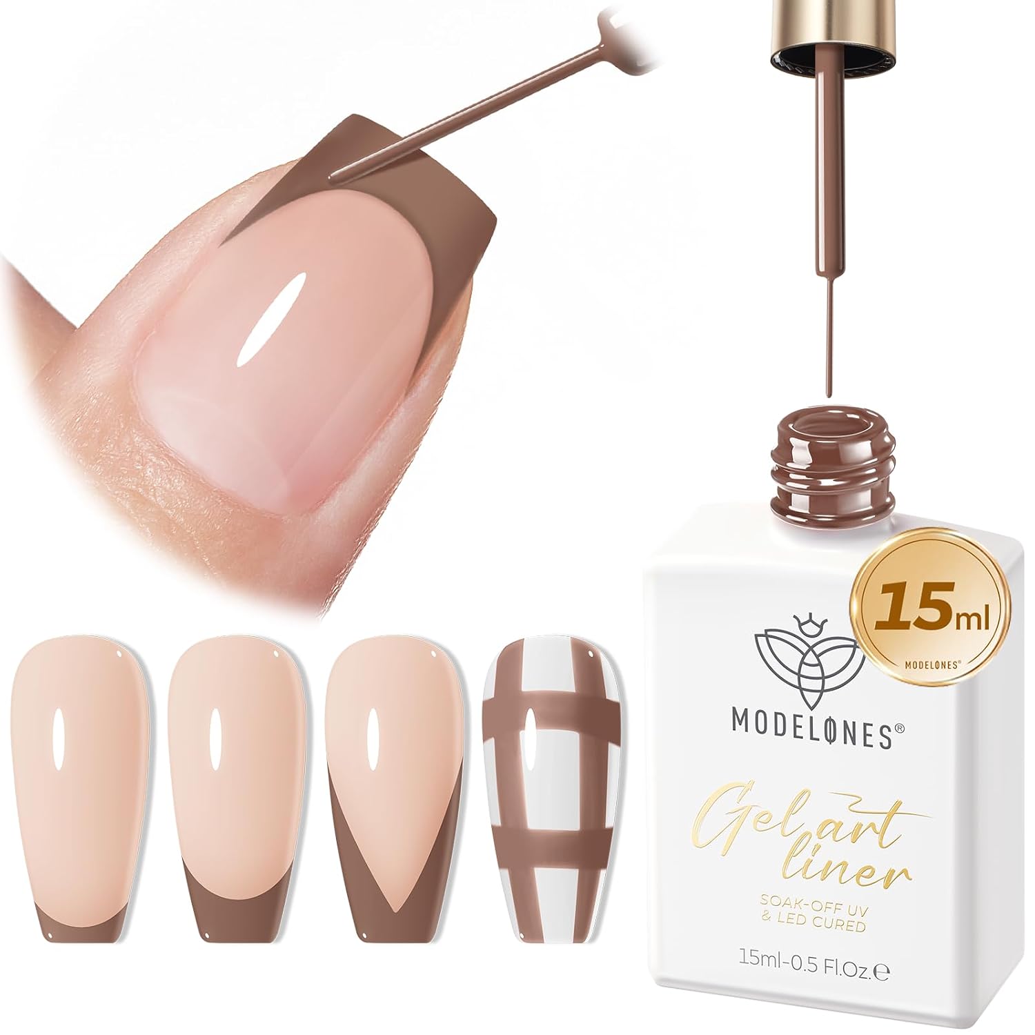 ESMALTE GEL PARA UÑAS MODELONES BROWN FRENCH TIP LINER 15ML CON PINCEL DETALLADOR - 1