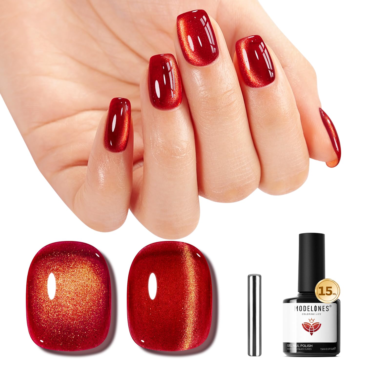 ESMALTE EN GEL MODELONES RED CAT EYE CON BRILLO DORADO MAGNÉTICO 15ML - 1