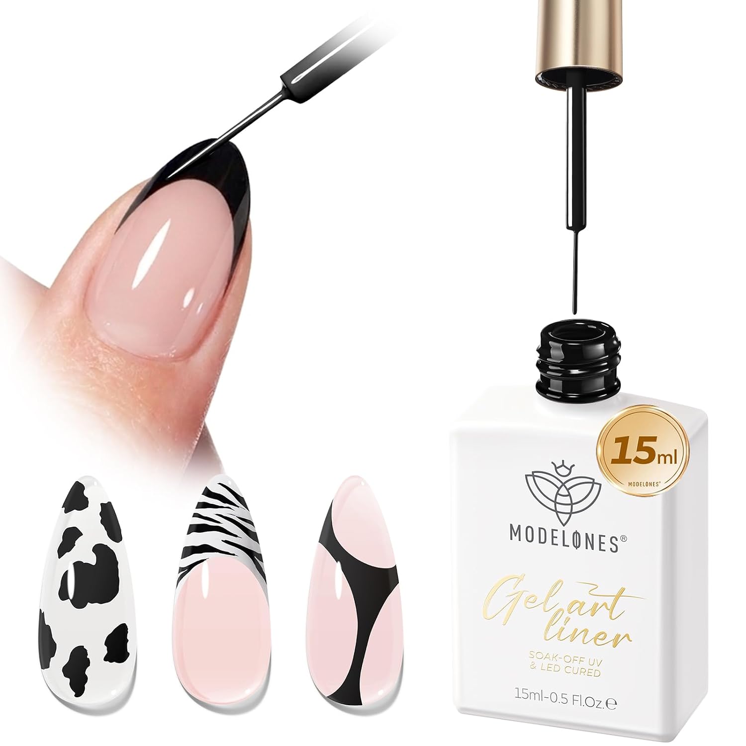 ESMALTE EN GEL MODELONES BLACK FRENCH TIP LINER 15ML CON PINCEL FINO INCORPORADO - 1