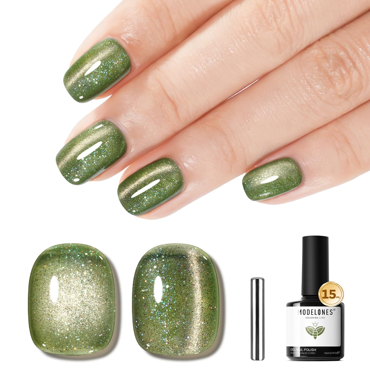 ESMALTE EN GEL MODELONES CAT EYE VERDE GLITTER 15 ML - 1