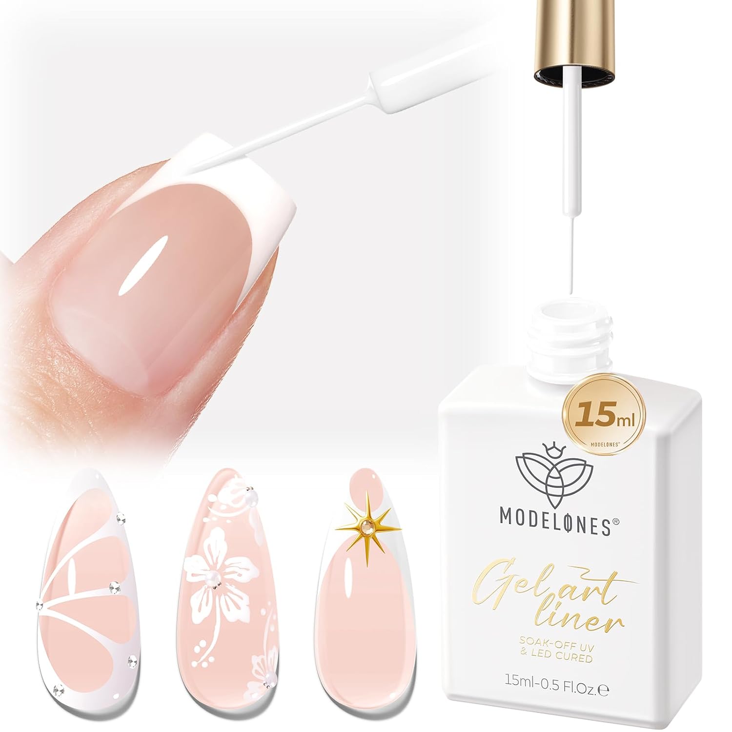 ESMALTE EN GEL MODELONES WHITE FRENCH TIP LINER 15ML CON PINCEL DE PRECISIÓN - 1