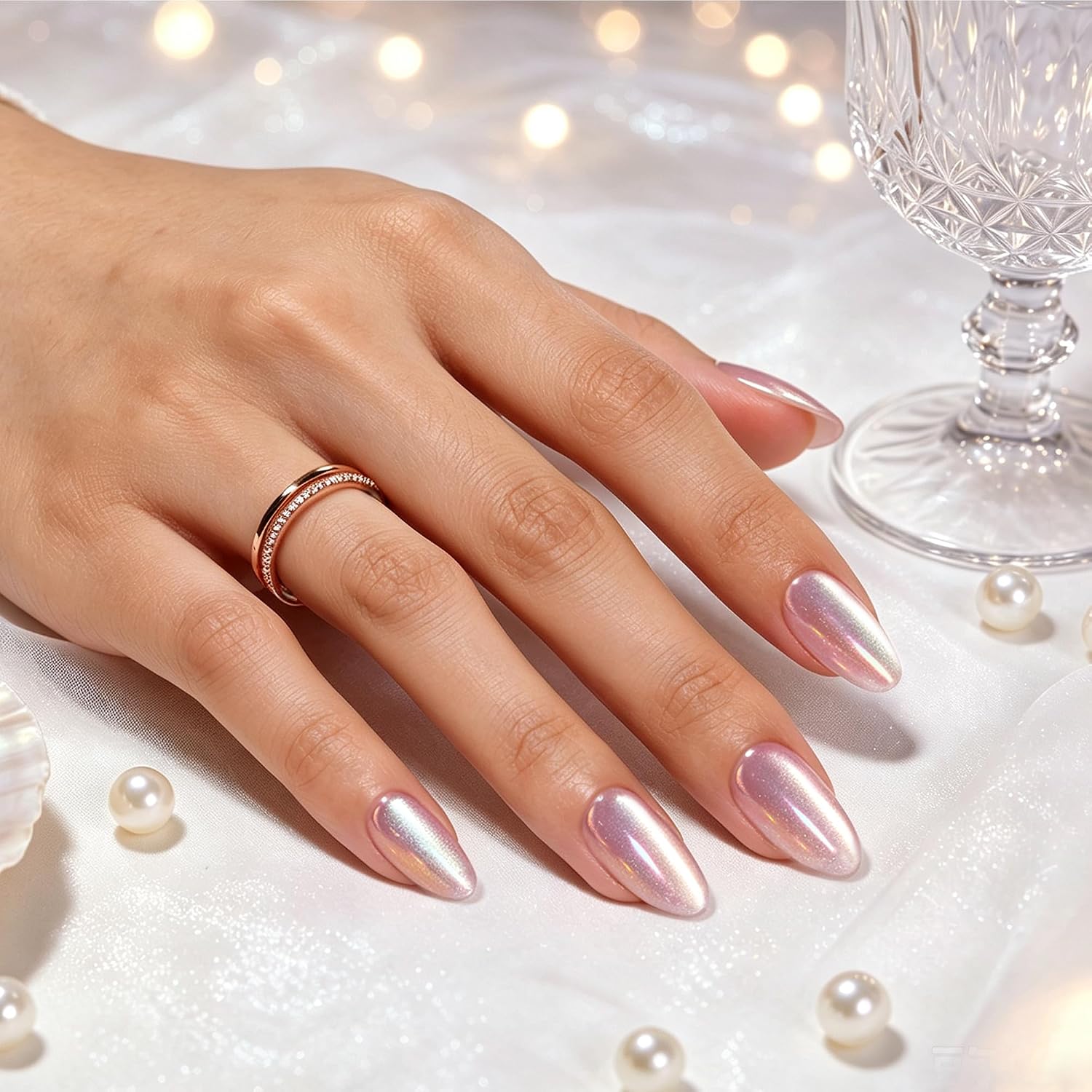 UÑAS POSTIZAS BEETLES CHROME PURPLE CAT EYE ALMOND CORTAS 32 PIEZAS - 1